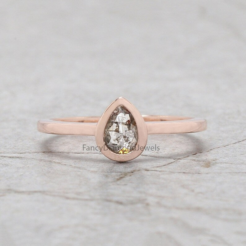 0.35 Ct Natural Pear Cut Salt And Pepper Diamond Ring 6.15 MM Pear Diamond Ring 14K Solid Rose Gold Silver Engagement Ring Pear Ring QN554