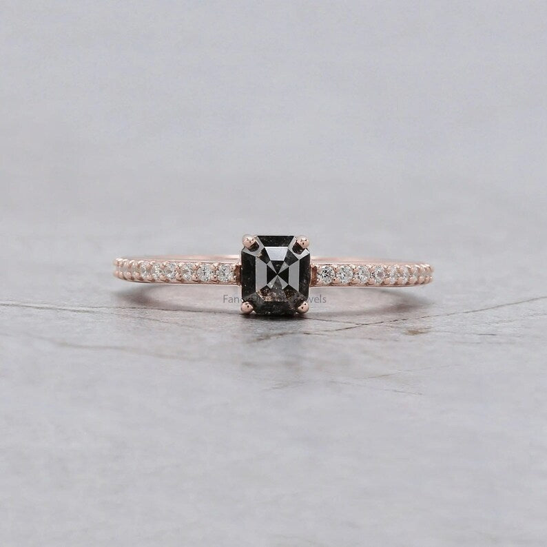 Emerald Cut Salt And Pepper Diamond Ring 0.80 Ct 5.10 MM Emerald Diamond Ring 14K Solid Rose Gold Silver Engagement Ring Gift For Her QK1796