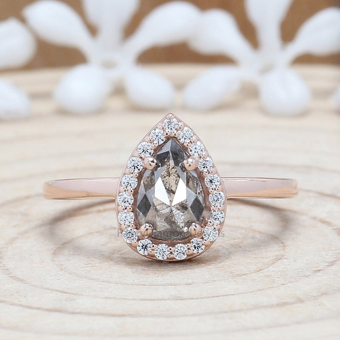 Pear Cut Salt And Pepper Diamond Ring 1.03 Ct 7.70 MM Pear Diamond Ring 14K Solid Rose Gold Silver Pear Engagement Ring Gift For Her QL9950