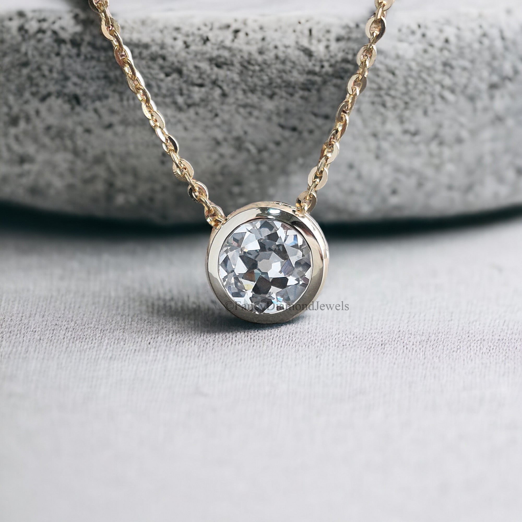 1 Carat Round Old European Cut Moissanite Lab Grown Bezel Floating Pendant Necklace With Chain 14k Yellow Gold Wedding Gift For Her FD128