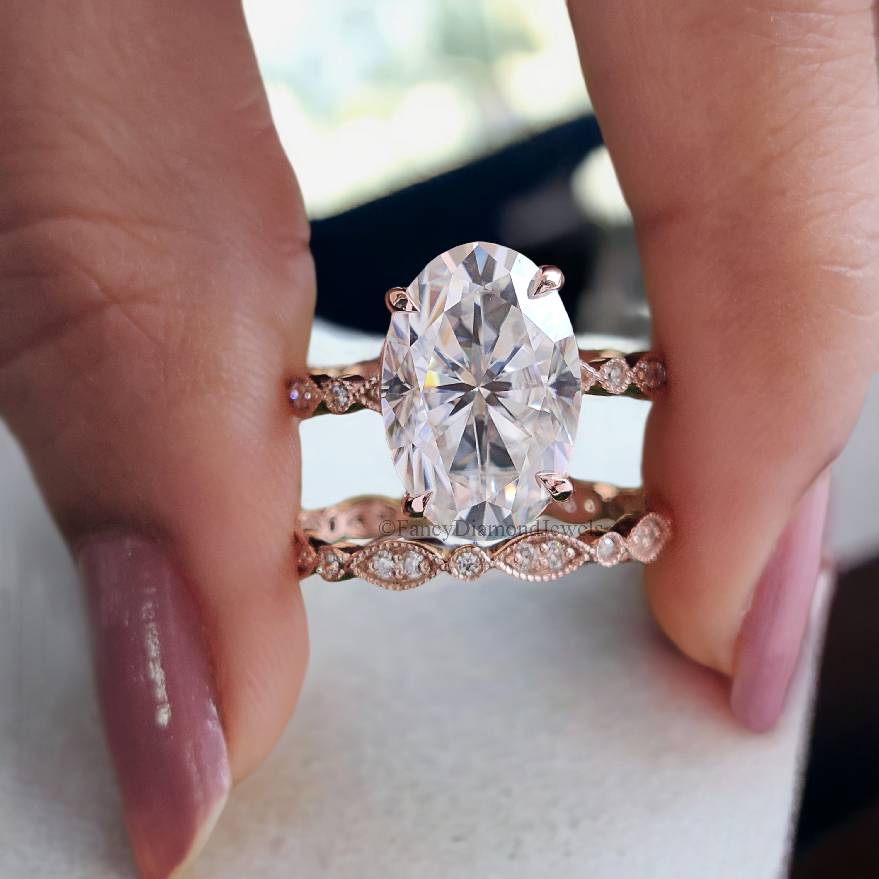 Wedding Ring Set Moissanite Rose Gold Engagement Ring Oval 12X8 mm Moissanite Ring Diamond Milgrain Band Solitaire Ring Promise Ring FD129