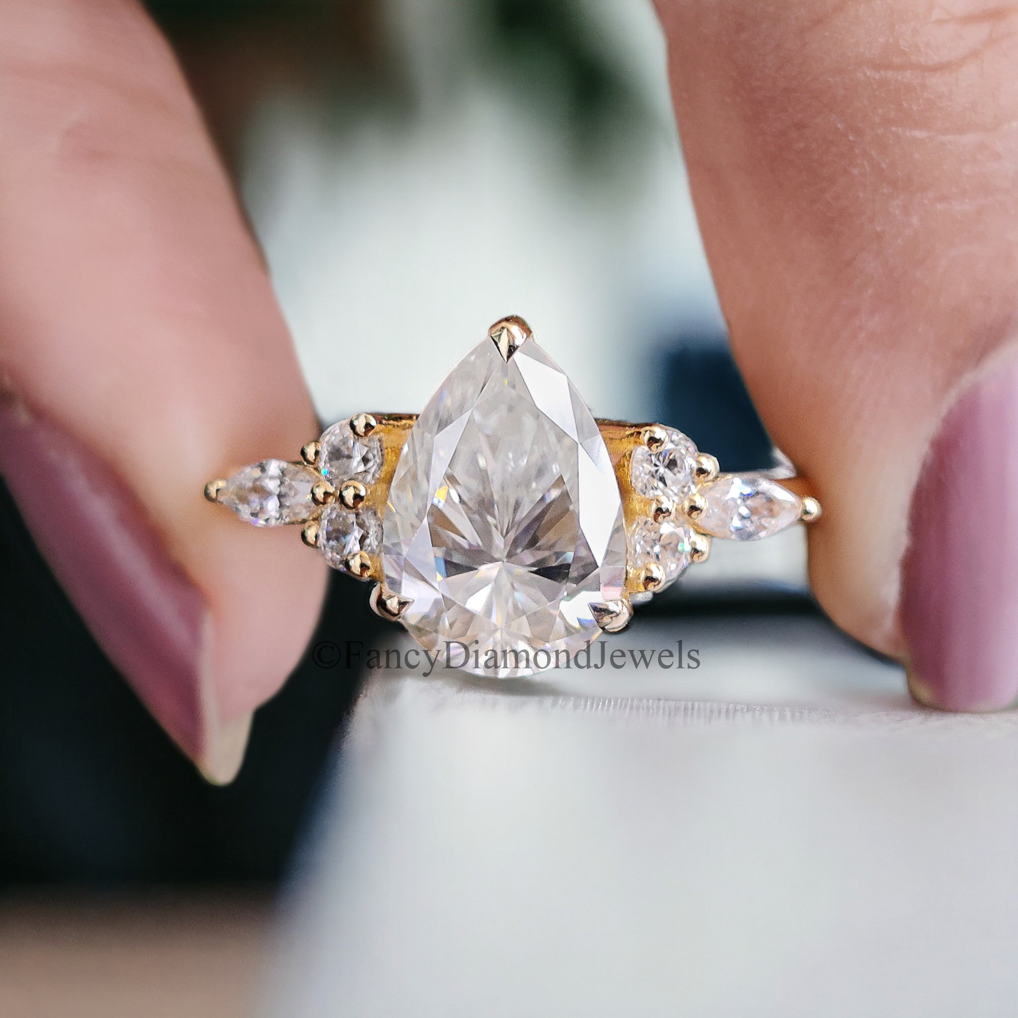 Tear Drop Wedding Ring Moissanite Engagement Ring Pear Shape Art Deco Wedding Ring Plain Gold Ring For Women Promise Moissanite Ring FD54