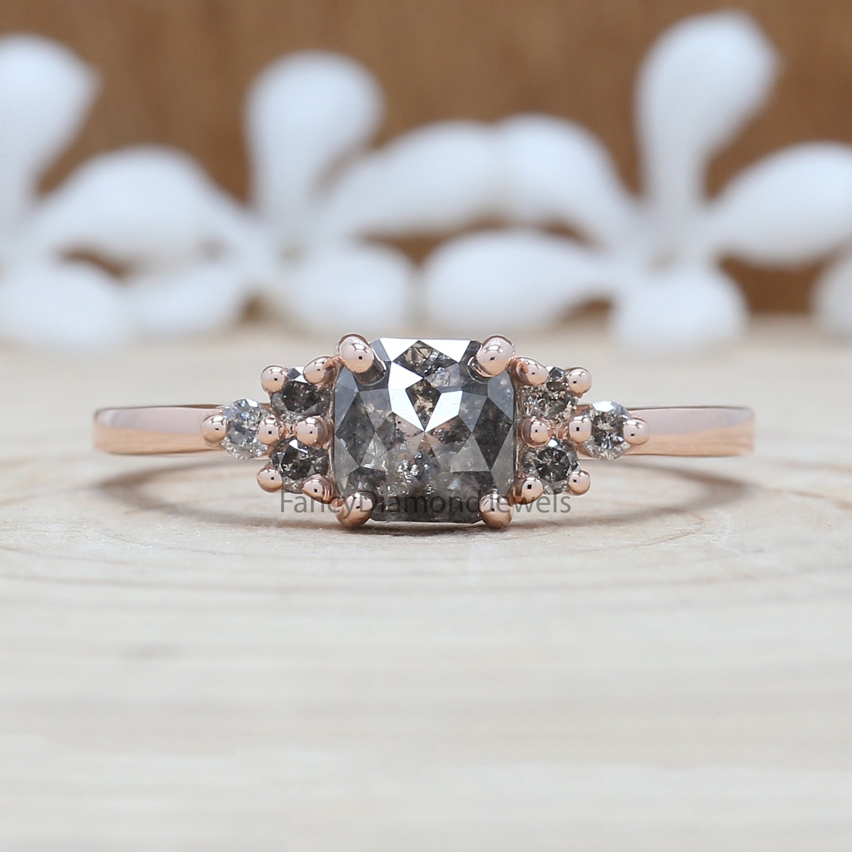 Cushion Cut Salt And Pepper Diamond Ring 1.00 Ct 5.30 MM Cushion Diamond Ring 14K Solid Rose Gold Silver Engagement Ring Gift For Her QL8318
