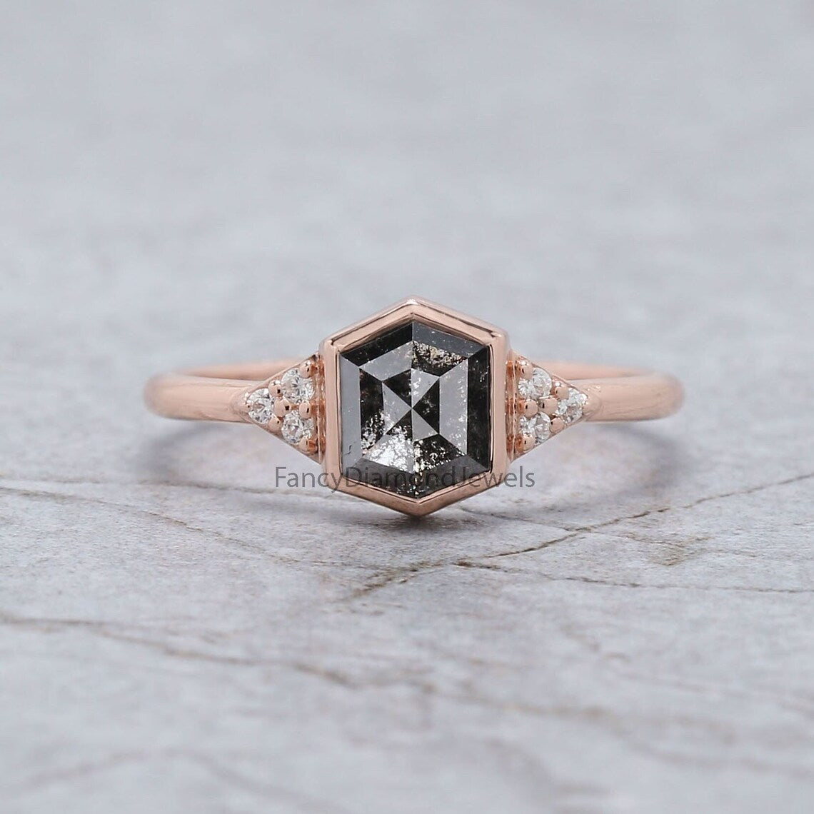 Hexagon Salt And Pepper Diamond Ring 0.89 Ct 6.37 MM Hexagon Cut Diamond Ring 14K Solid Rose Gold Silver Engagement Ring Gift For Her QL2163