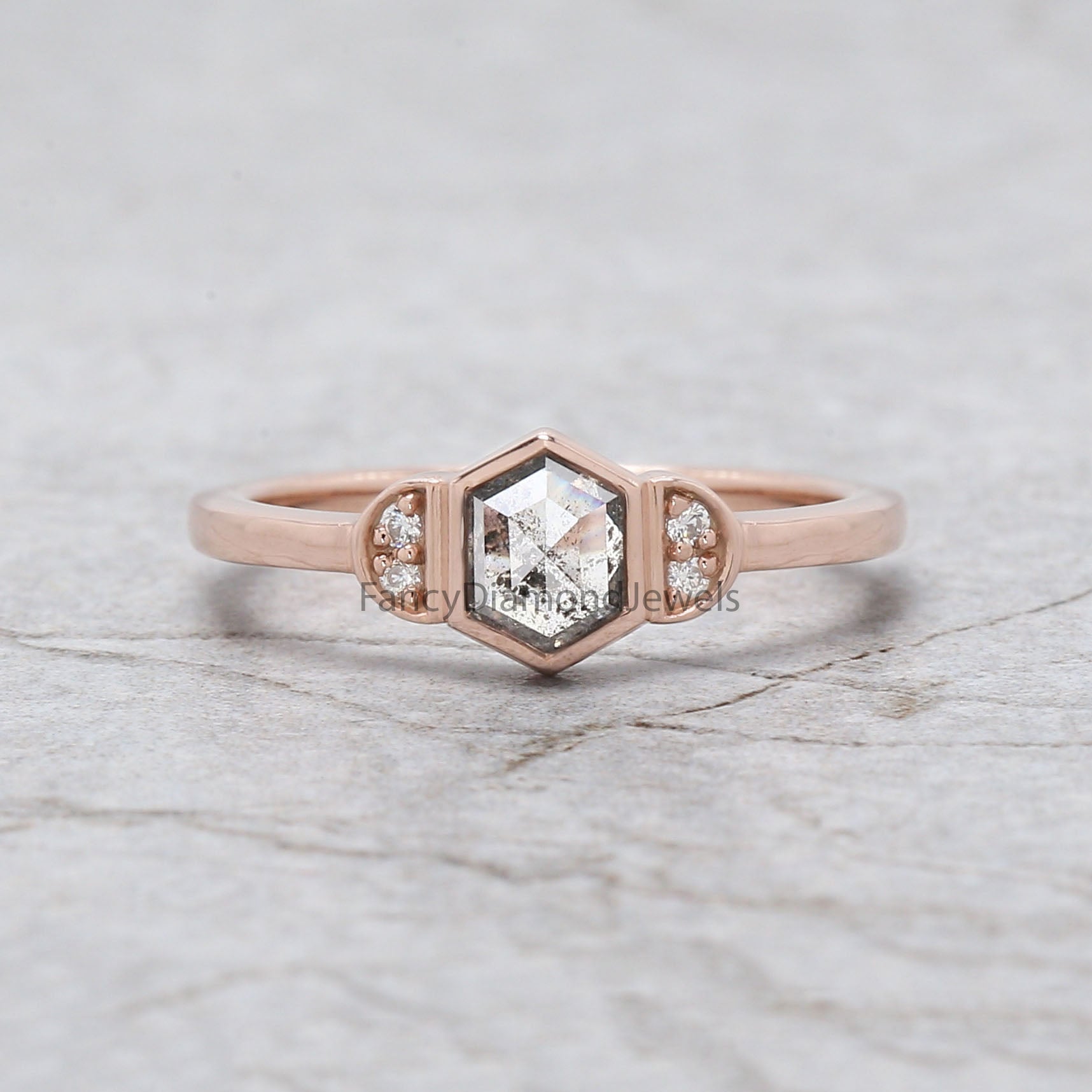 Hexagon Cut Salt And Pepper Diamond Ring 0.58 Ct 5.70 MM Hexagon Diamond Ring 14K Solid Rose Gold Silver Engagement Ring Gift For Her QN1564