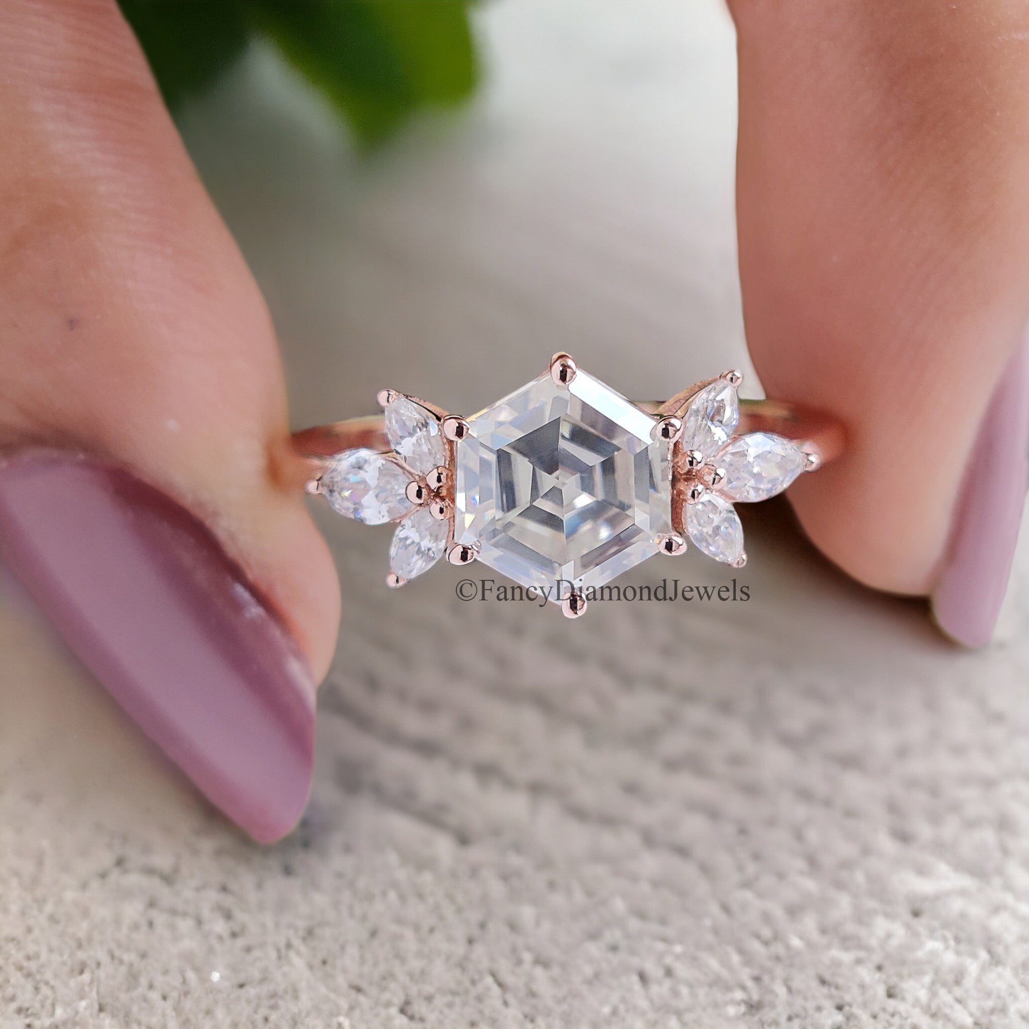 Hexagon cut Moissanite engagement ring Rose gold vintage Unique Marquise Diamond Cluster engagement ring delicate wedding Bridal ring FD104