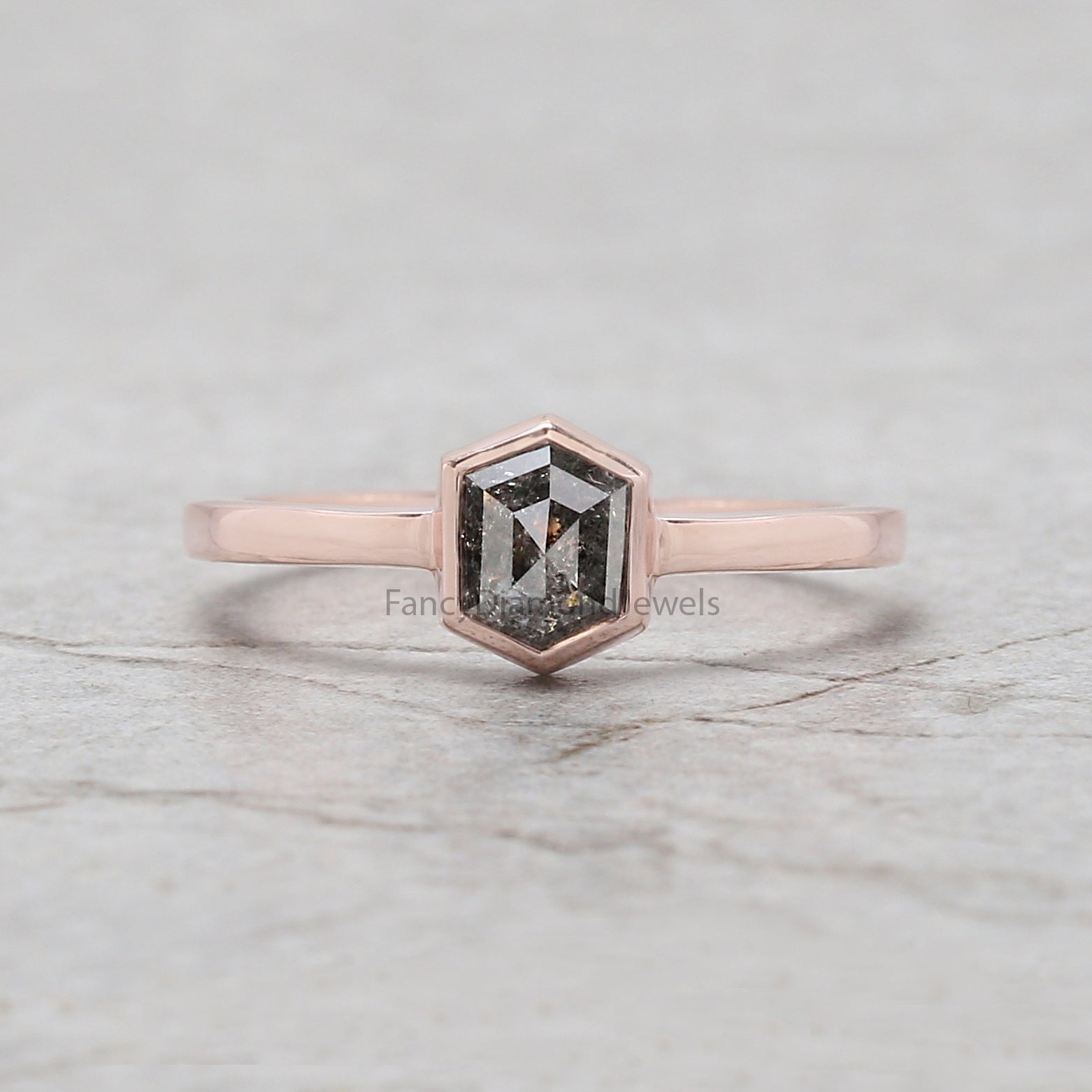 Hexagon Cut Salt And Pepper Diamond Ring 0.76 Ct 5.96 MM Hexagon Diamond Ring 14K Solid Rose Gold Silver Engagement Ring Gift For Her QN2187
