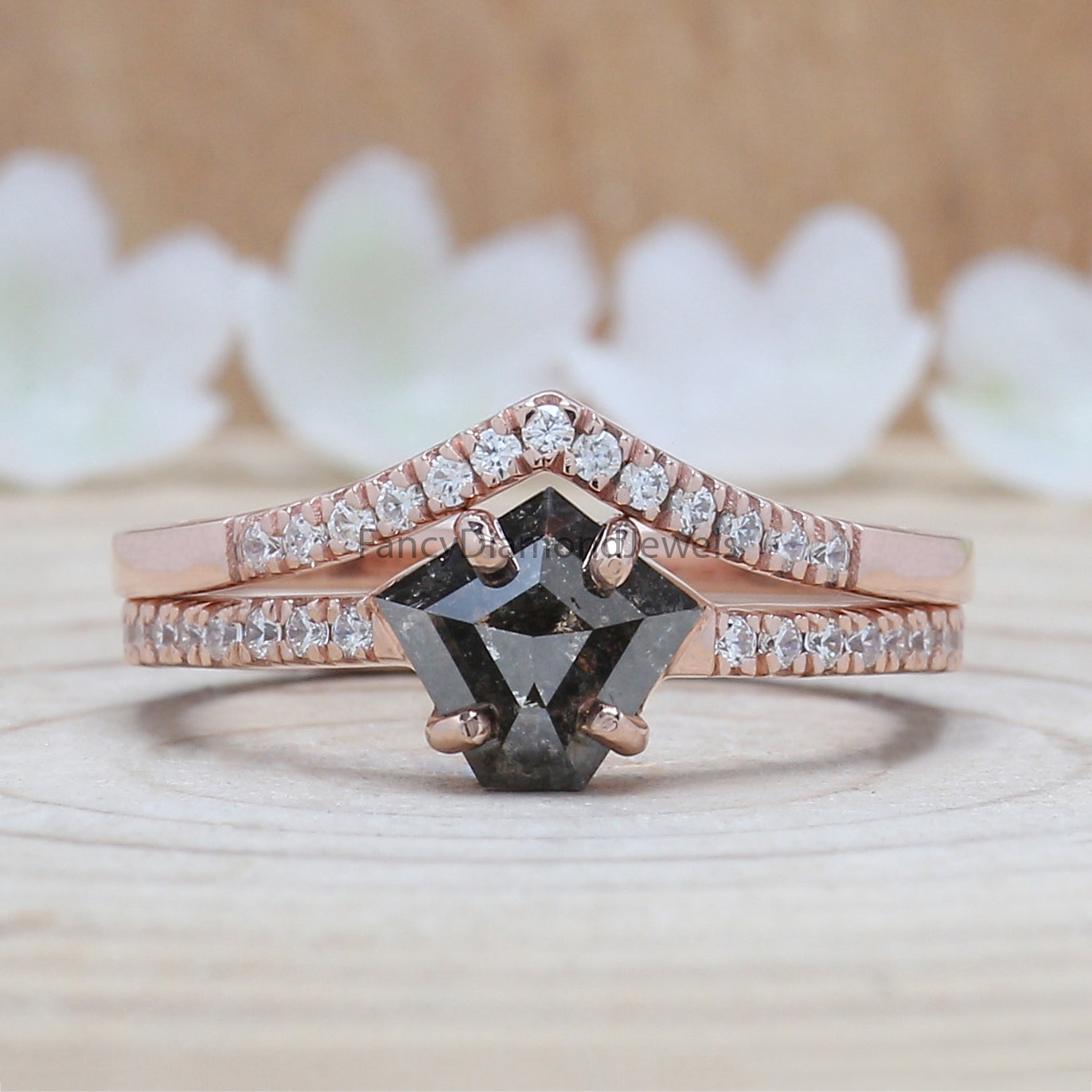 Pentagon Cut Salt And Pepper Diamond Ring 0.98 Ct 7.00 MM Pentagon Diamond Ring 14K Rose Gold Silver Engagement Ring Gift For Her QL1222