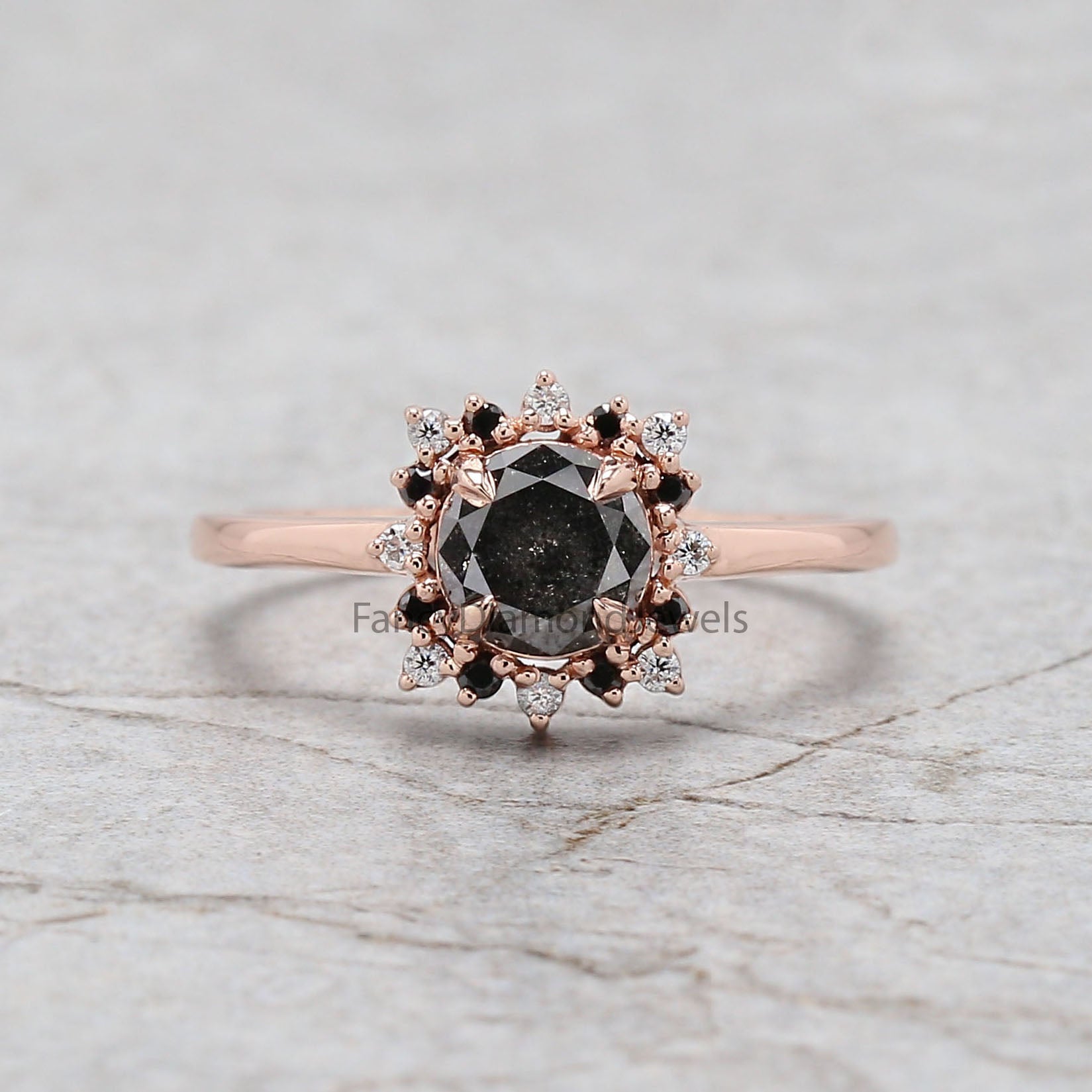 Round Cut Salt And Pepper Diamond Ring 0.83 Ct 5.69 MM Round Diamond Ring 14K Solid Rose Gold Silver Engagement Ring Gift For Her QL2168