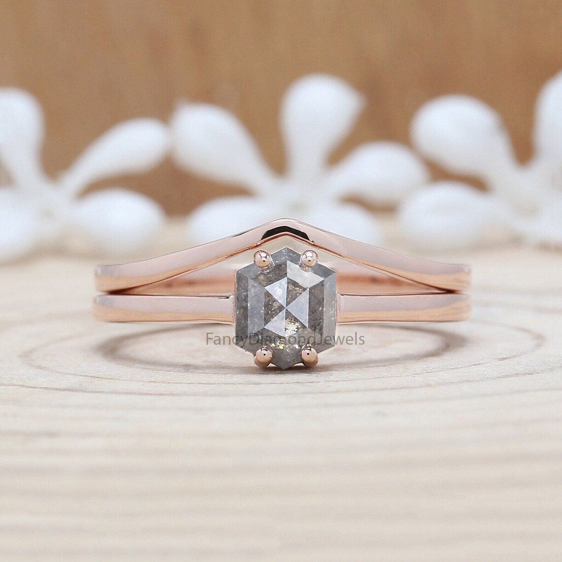 Hexagon Cut Salt And Pepper Diamond Ring 0.82 Ct 6.20 MM Hexagon Diamond Ring 14K Solid Rose Gold Silver Engagement Ring Gift For Her QN952