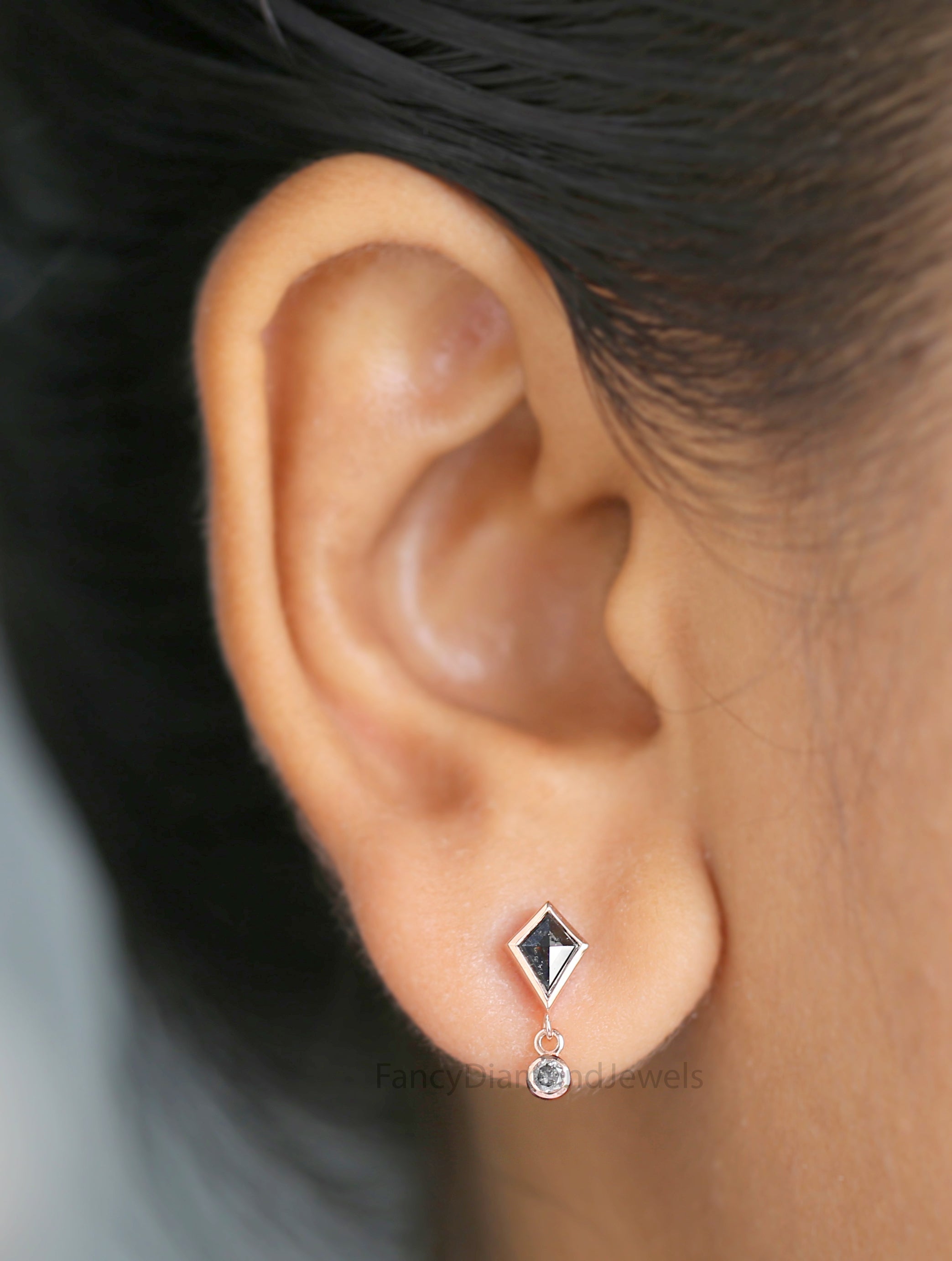 Kite Salt And Pepper Diamond Earring 0.66 Ct 6.39 MM Kite Diamond Earring 14K Solid Rose Gold Silver Engagement Earring Gift For Her QL2801
