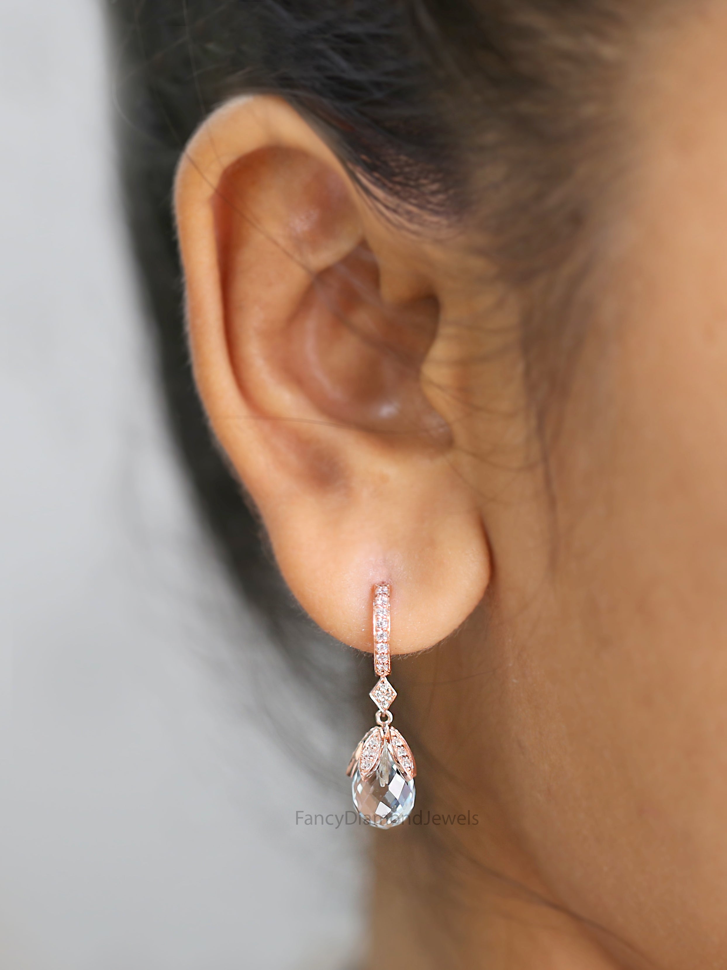 Drop Earrings, Aquamarine Briolette Earrings, Lever Back Earring, Diamond Drop Earrings, Sky Blue Drop Earrings, Earlobe Earrings, KD1176