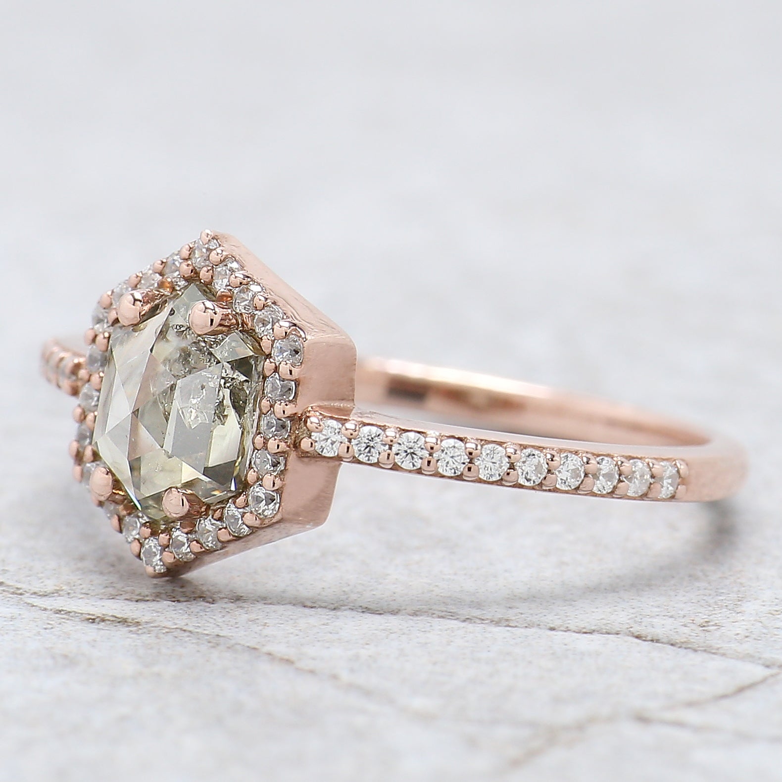 Hexagon Cut Salt And Pepper Diamond Ring 0.87 Ct 6.69 MM Hexagon Cut Diamond Ring 14K Rose Gold Silver Engagement Ring Gift For Her QL2604