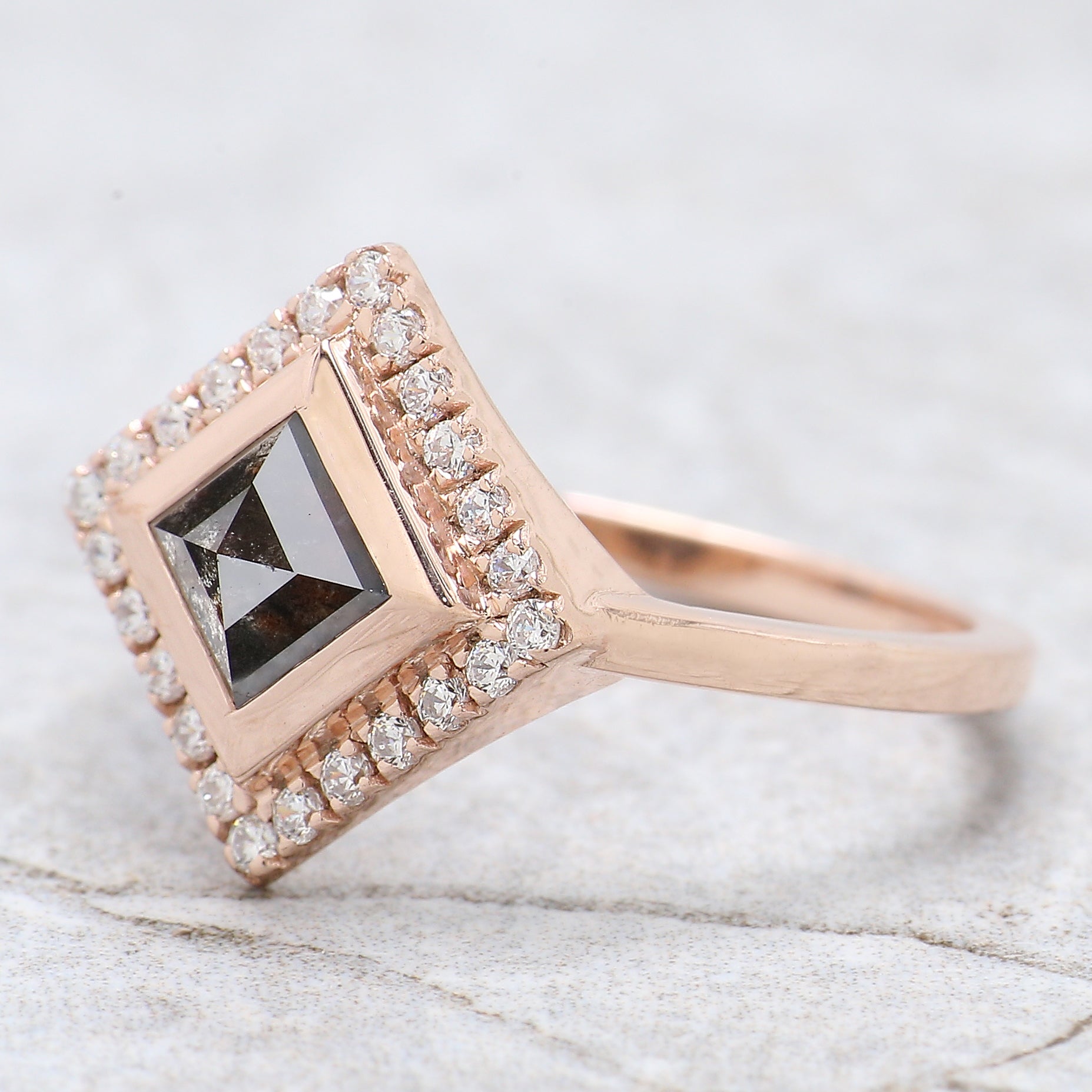 Kite Cut Salt And Pepper Diamond Ring 0.94 Ct 7.50 MM Kite Diamond Ring 14K Solid Rose Gold Silver Kite Engagement Ring Gift For Her QN489