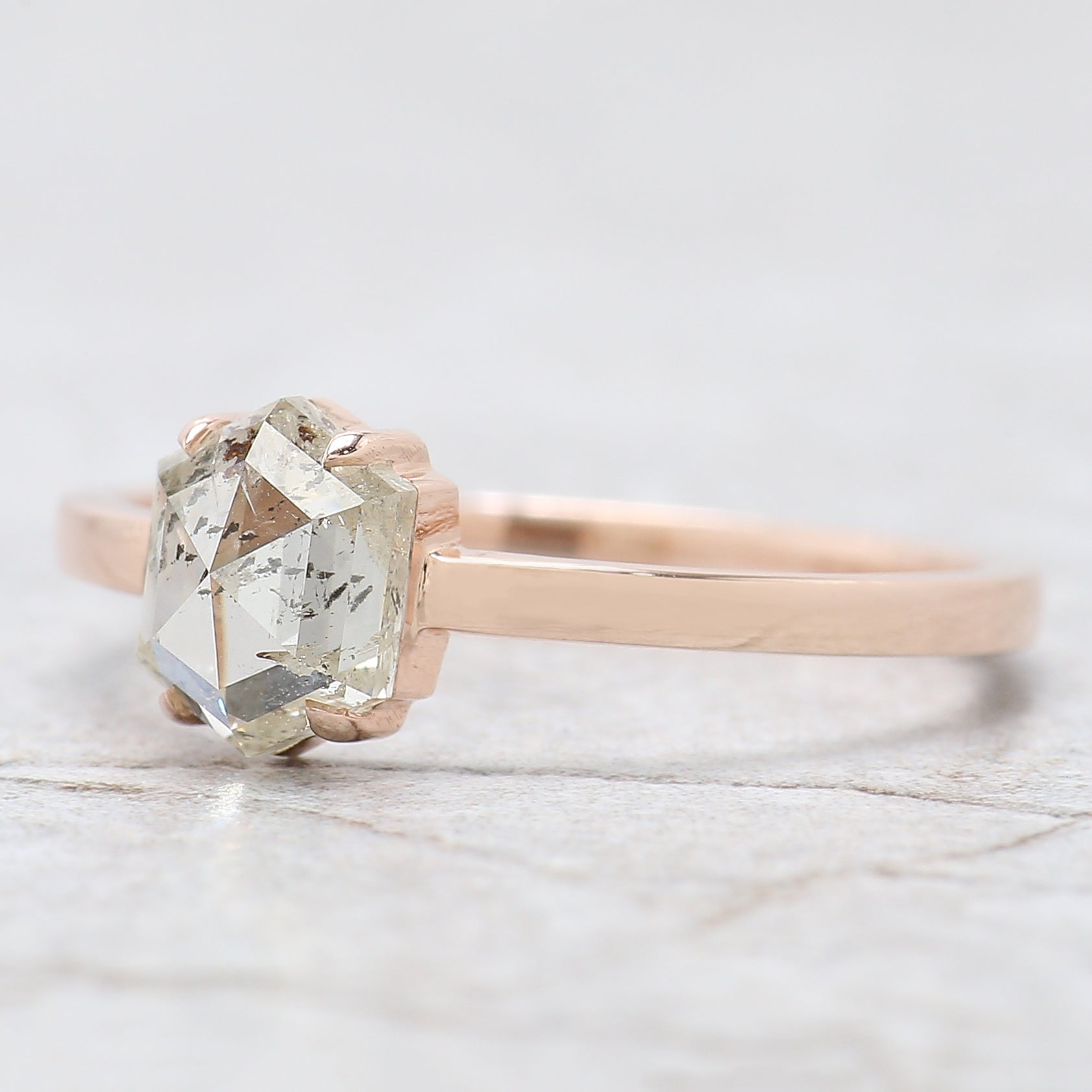 Hexagon Cut Salt And Pepper Diamond Ring 1.12 Ct 6.84 MM Hexagon Diamond Ring 14K Rose Gold Silver Engagement Ring Gift For Her QL2683