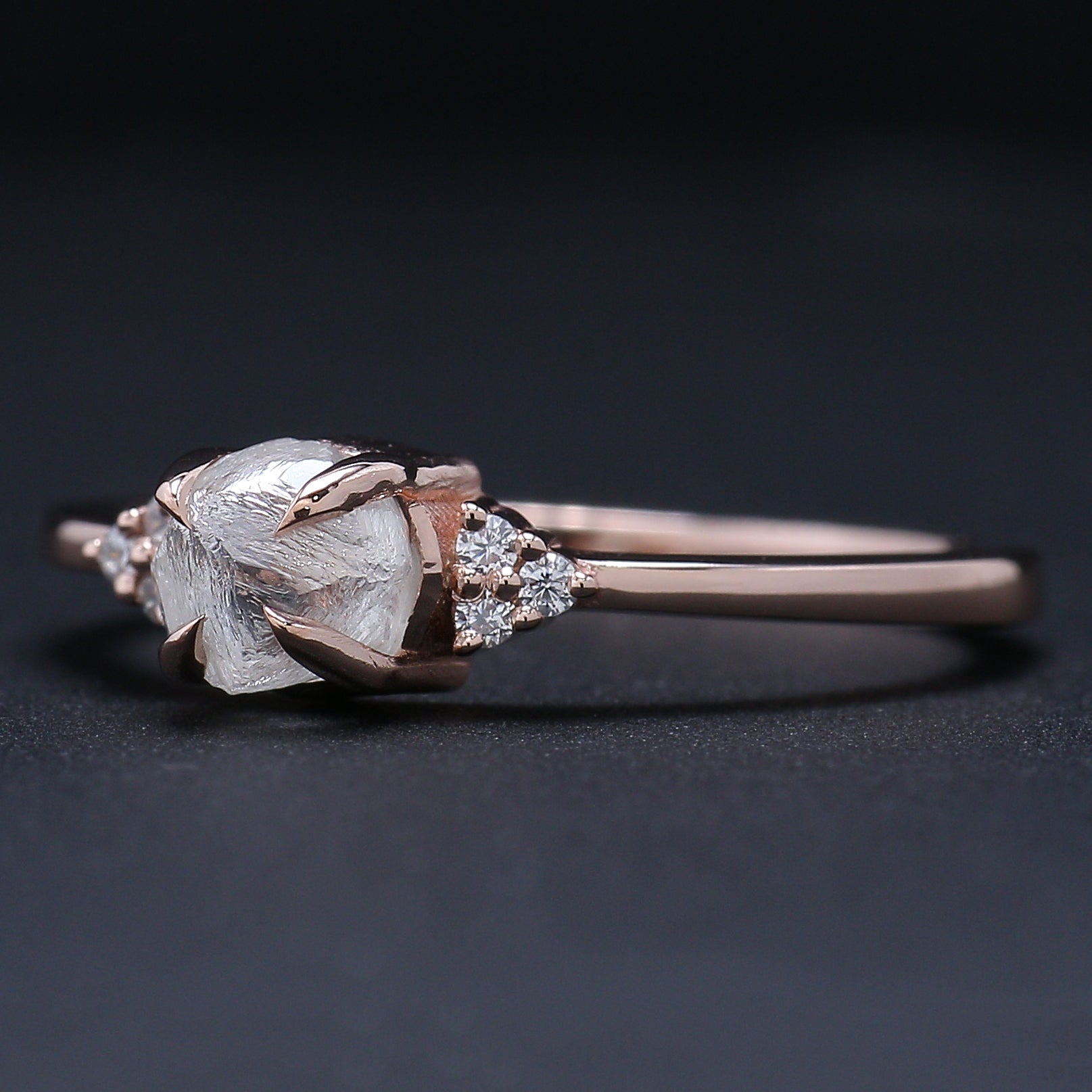 Rough White-F Color Diamond Ring 0.96 Ct 5.46 MM Crystal Rough Diamond Ring 14K Solid Rose Gold Silver Engagement Ring Gift For Her QL2473