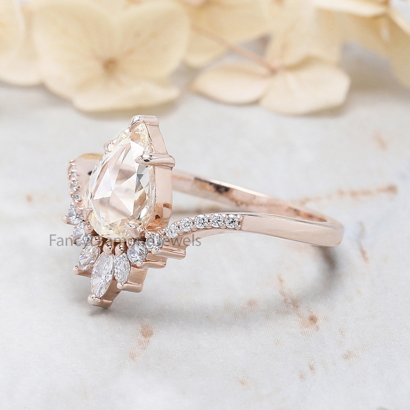 Pear Cut White Color Diamond Ring 0.85 Ct 9.30 MM Pear Shape Diamond Ring 14K Solid Rose Gold Silver Engagement Ring Gift For Her QL5487