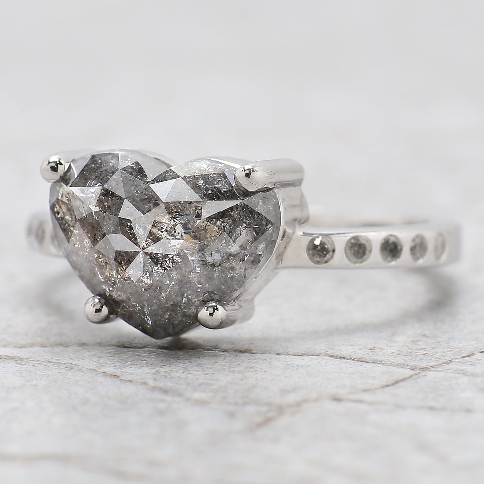 Heart Salt And Pepper Diamond Ring 3.14 Ct 8.20 MM Heart Shape Diamond Ring 14K Solid White Gold Silver Engagement Ring Gift For Her QL5666