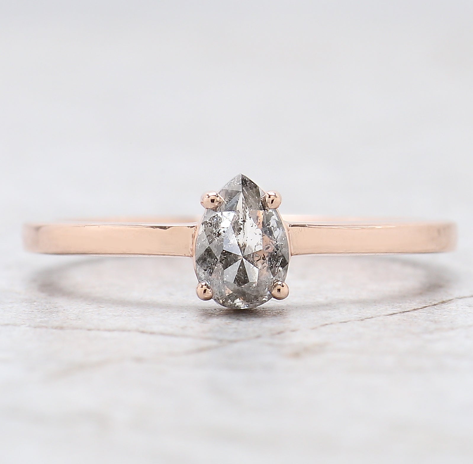 0.52 Ct Natural Pear Cut Salt And Pepper Diamond Ring 6.00 MM Pear Diamond Ring 14K Solid Rose Gold Silver Engagement Ring Pear Ring QN1831