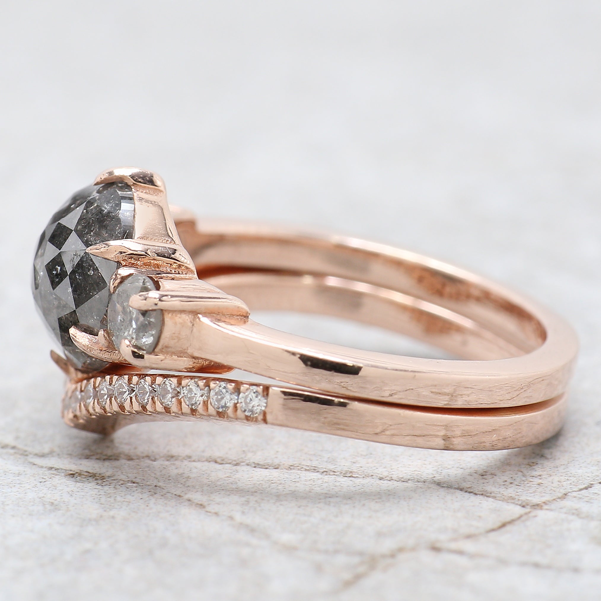 Round Rose Cut Salt And Pepper Diamond Ring 2.08 Ct 7.95 MM Round Rose Diamond Ring 14K Rose Gold Silver Engagement Ring Gift For Her QL455
