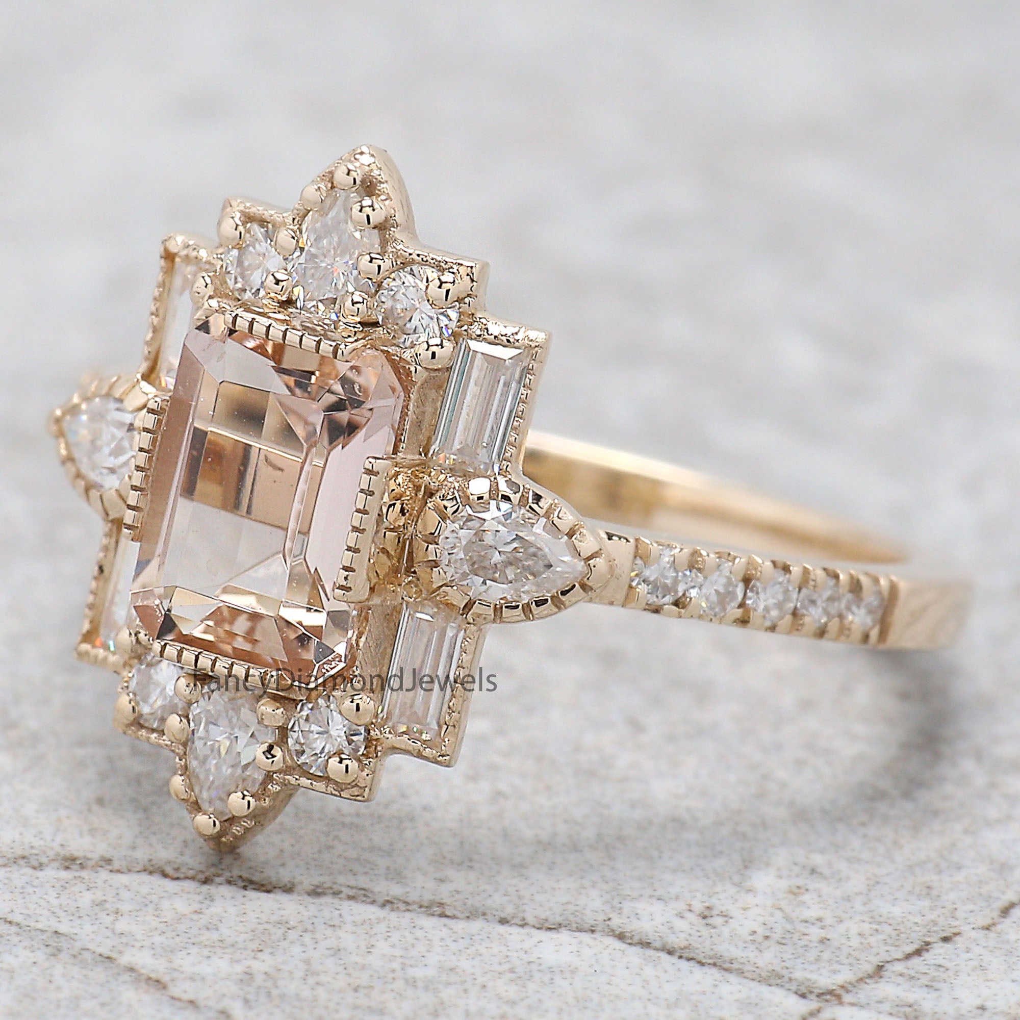 0.85 CT Emerald Cut Vintage Morganite Engagement Ring Baguette wedding ring Unique art deco ring Pear halo ring Starburst ring For Her FD294