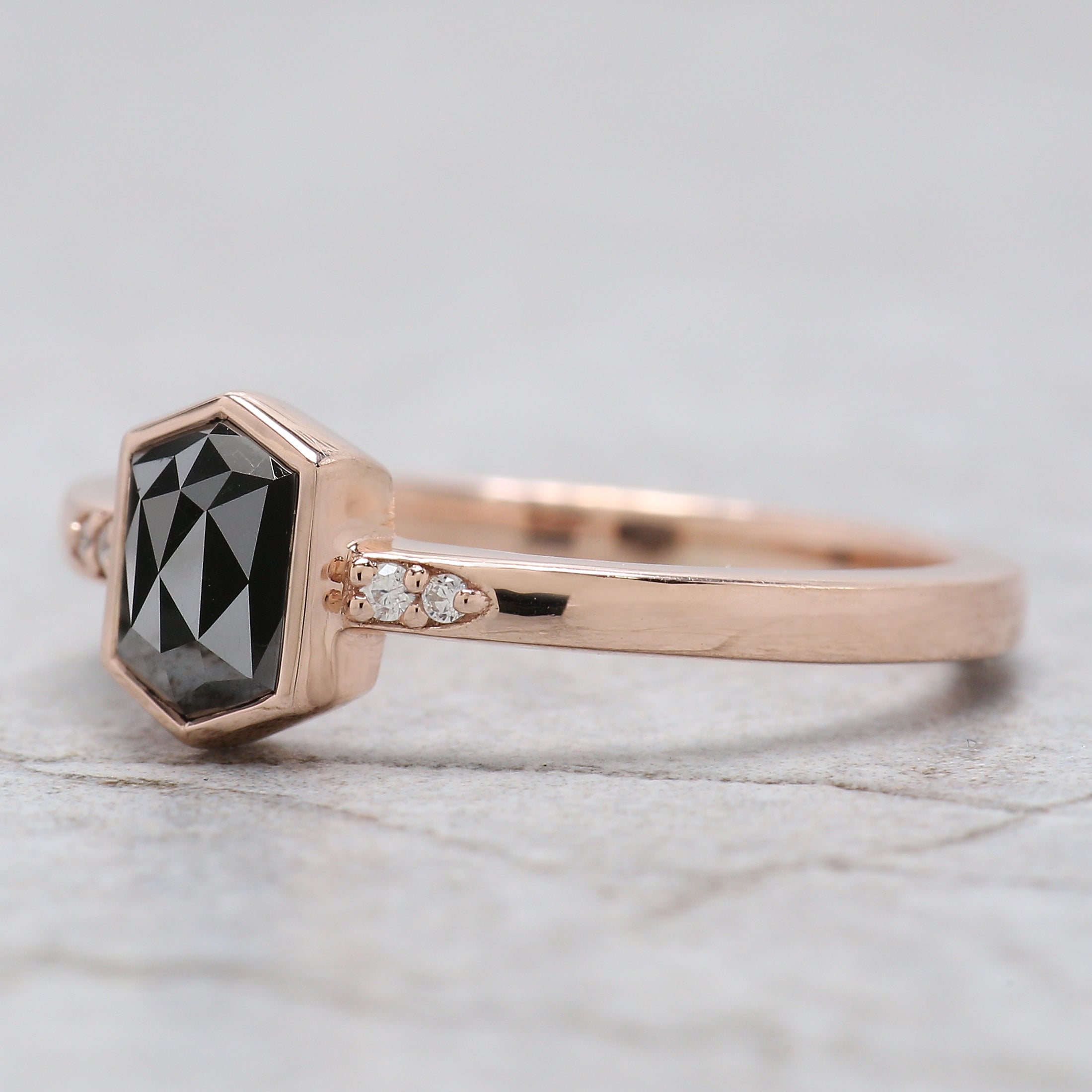 Hexagon Black Color Diamond Ring 0.88 Ct 6.65 MM Hexagon Shape Diamond Ring 14K Solid Rose Gold Silver Engagement Ring Gift For Her QN520