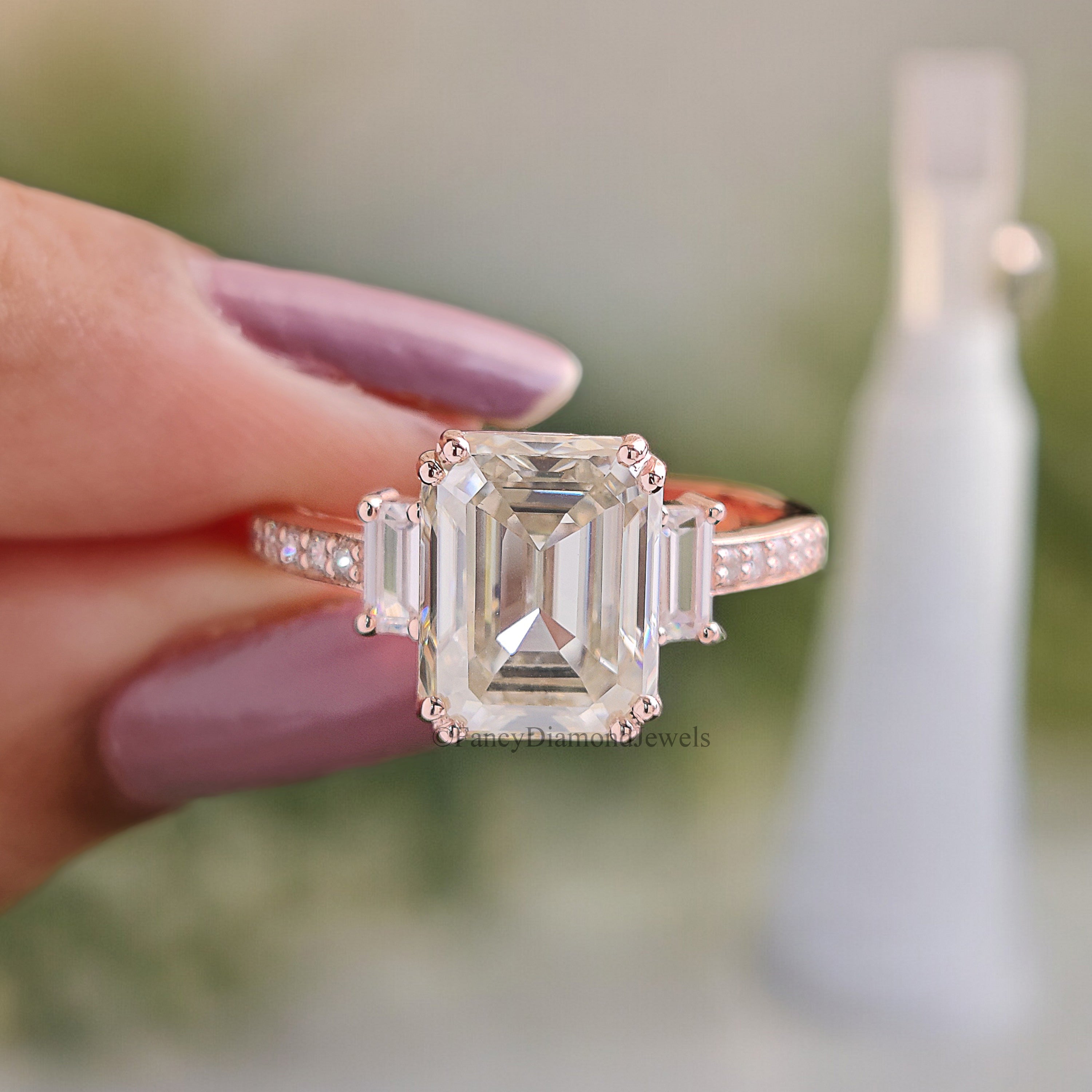 Vintage Emerald Cut Moissanite Ring Three Stone Engagement Ring Bridal Wedding Ring Anniversary Gift Ring Valentine's Gift For Women FD191