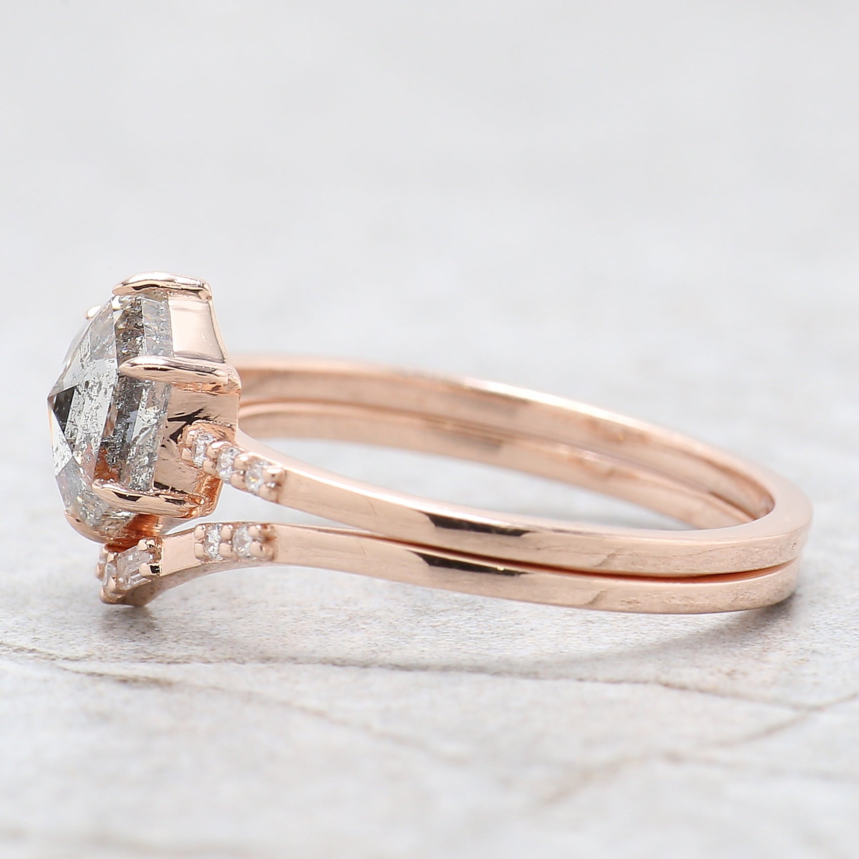 Hexagon Cut Salt And Pepper Diamond Ring 1.34 Ct 7.32 MM Hexagon Cut Diamond Ring 14K Rose Gold Silver Engagement Ring Gift For Her QL2626