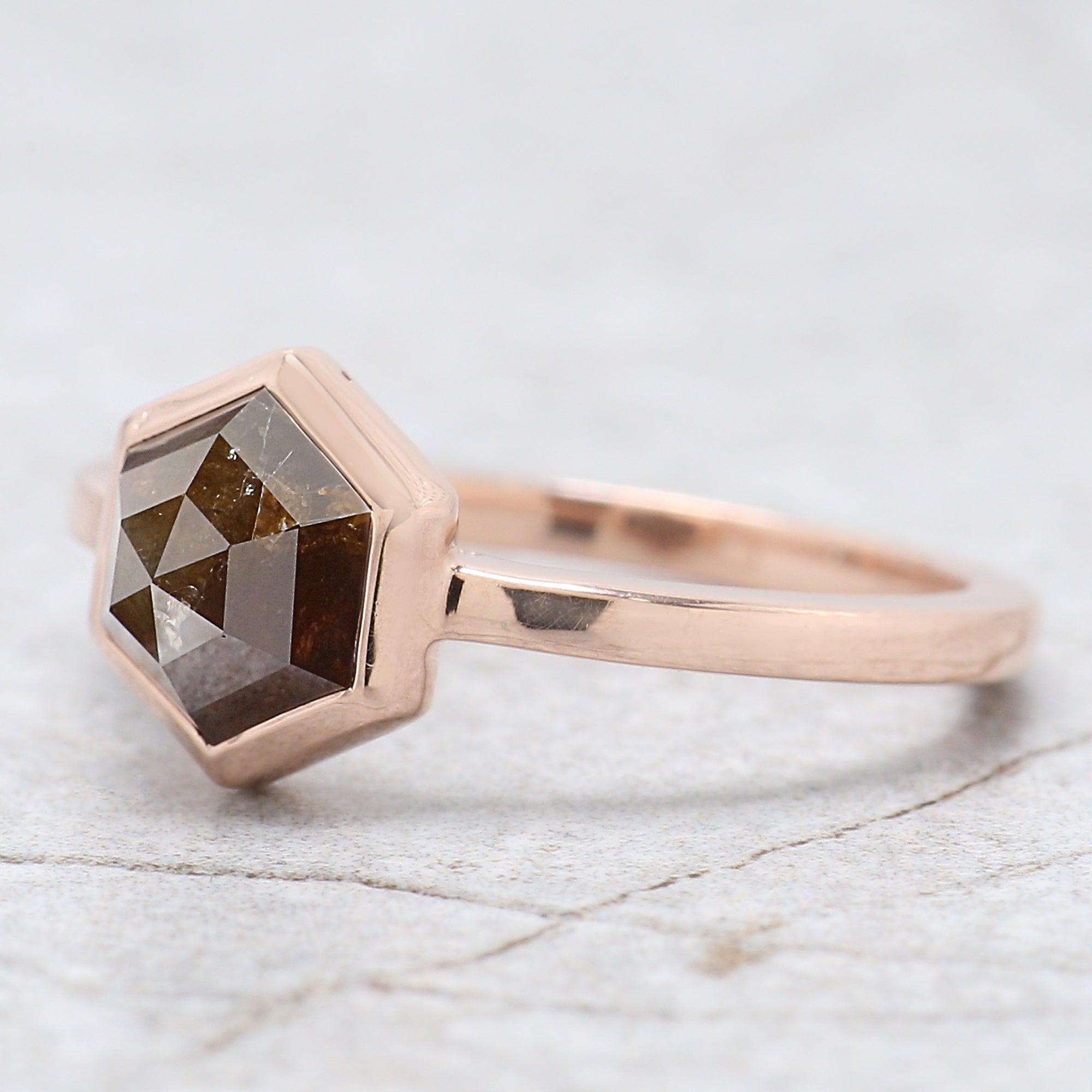 Hexagon Cut Brown Color Diamond Ring 2.26 Ct 6.90 MM Hexagon Shape Diamond Ring 14K Rose Gold Silver Engagement Ring Gift For Her QN9237