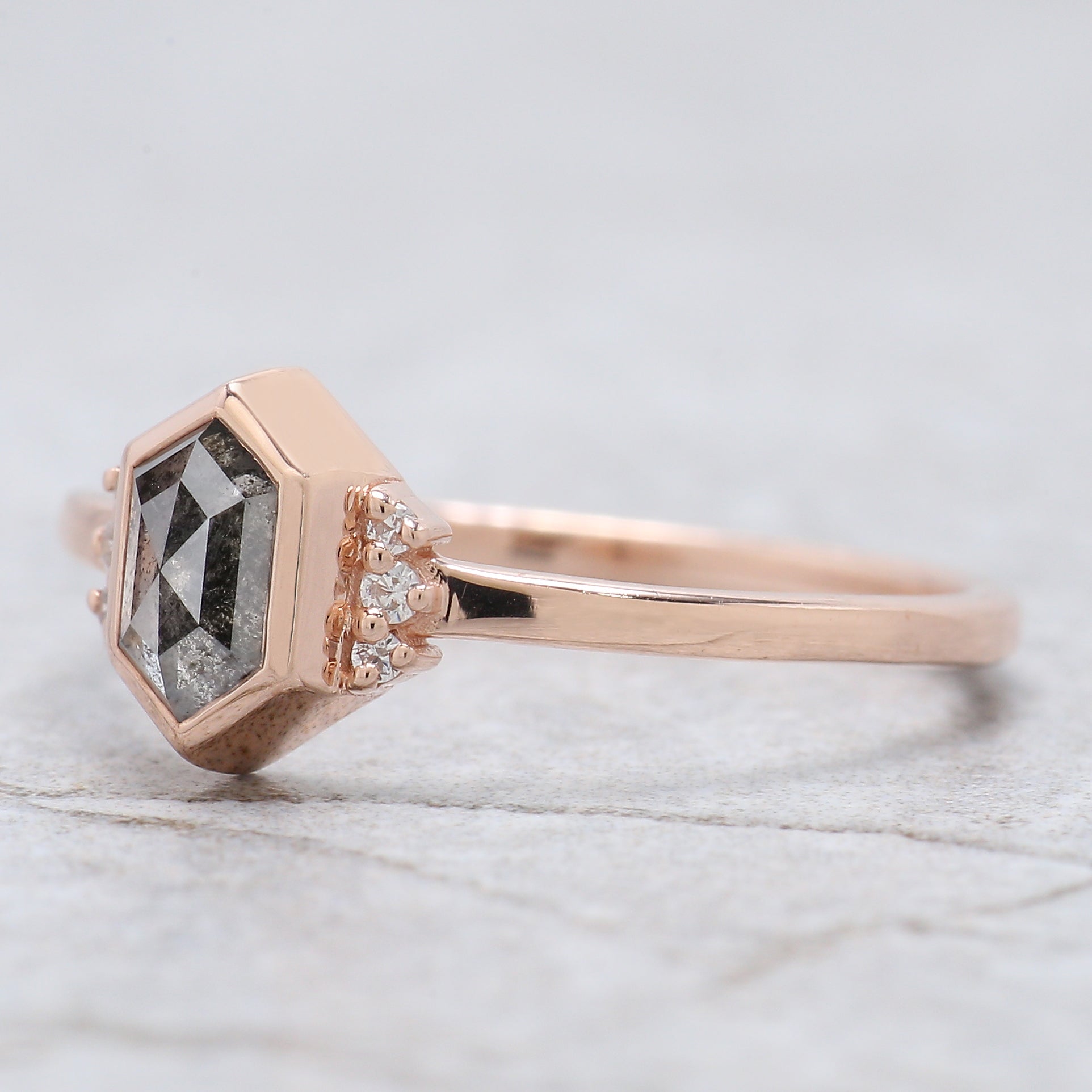 Hexagon Cut Salt And Pepper Diamond Ring 0.48 Ct 6.38 MM Hexagon Cut Diamond Ring 14K Rose Gold Silver Engagement Ring Gift For Her QL2472