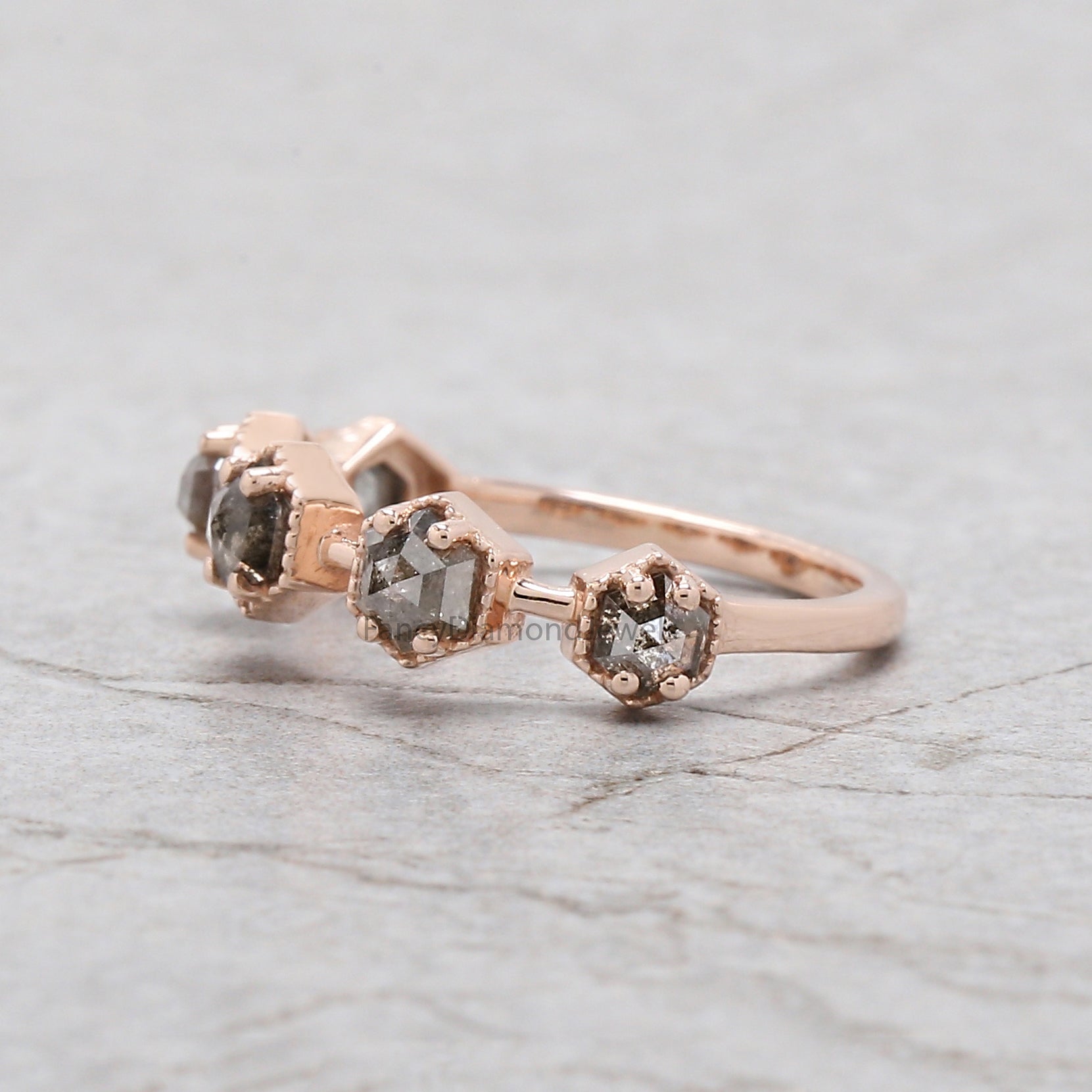 Hexagon Cut Salt And Pepper Diamond Ring 1.24 Ct 3.60 MM Hexagon Cut Diamond Ring 14K Rose Gold Silver Engagement Ring Gift For Her QL7558