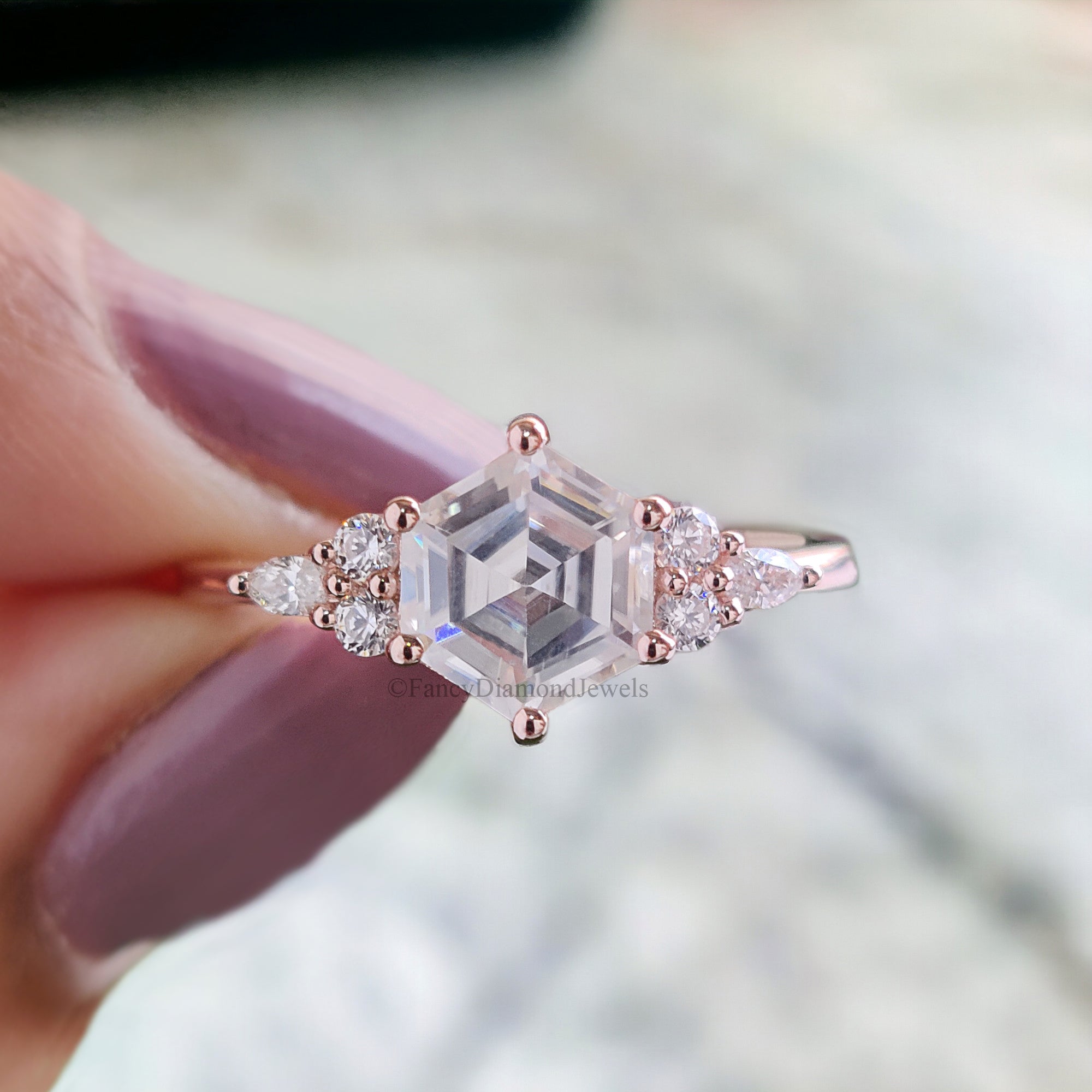 Hexagon Cut Moissanite Engagement Ring Rose Gold Vintage Unique Marquise Diamond Cluster Engagement Ring Delicate Wedding Bridal Ring FD114
