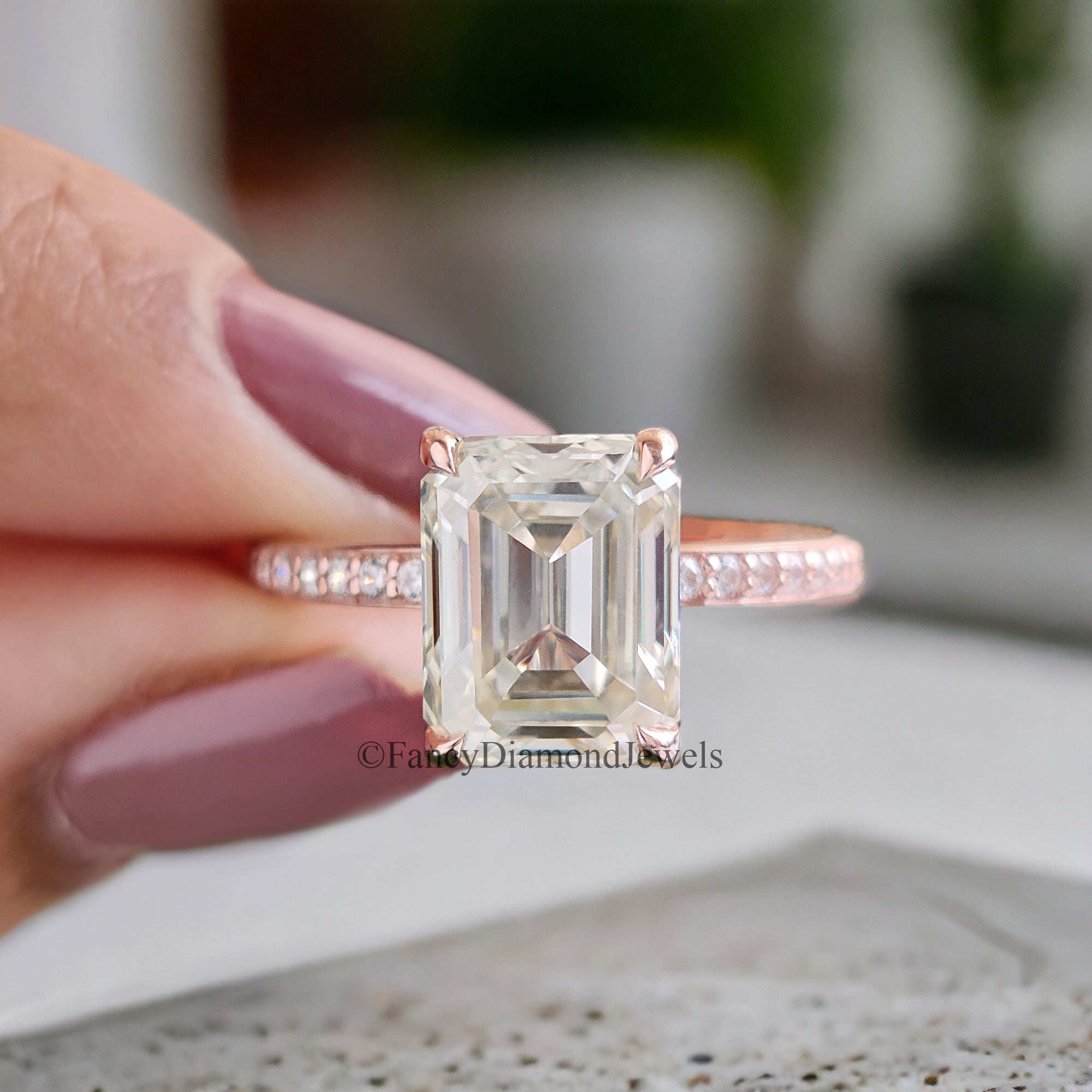 Handmade Custom Ring Emerald Cut Colorless Moissanite Engagement Ring 4 Prongs Wedding Promise Ring 14K Solid Gold Ring Stacking Rings FD72