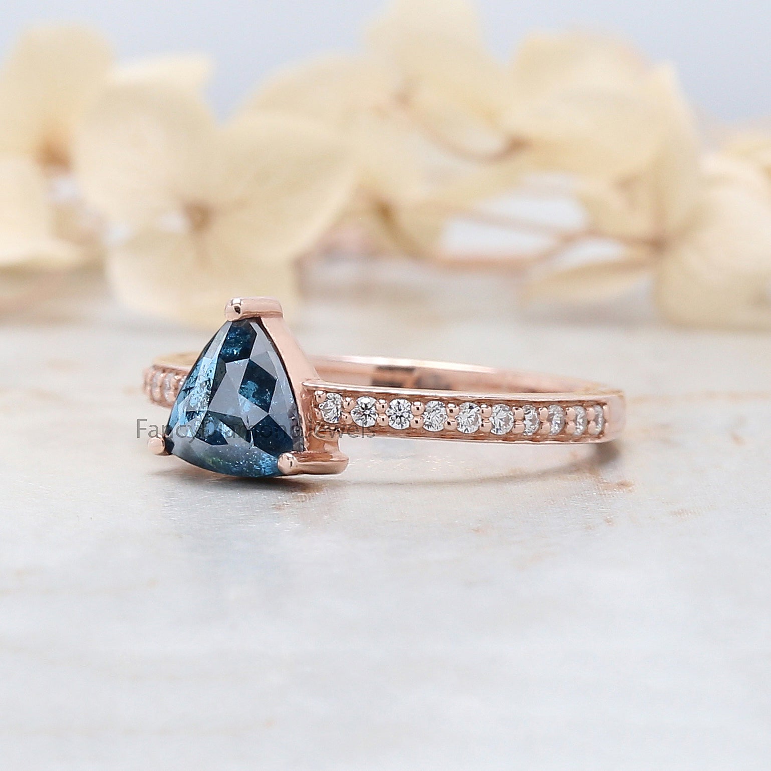 Triangle Cut Blue Color Diamond Ring 1.02 Ct 6.50 MM Triangle Shape Diamond Ring 14K Solid Rose Gold Silver Engagement Ring Gift For Her QN9474