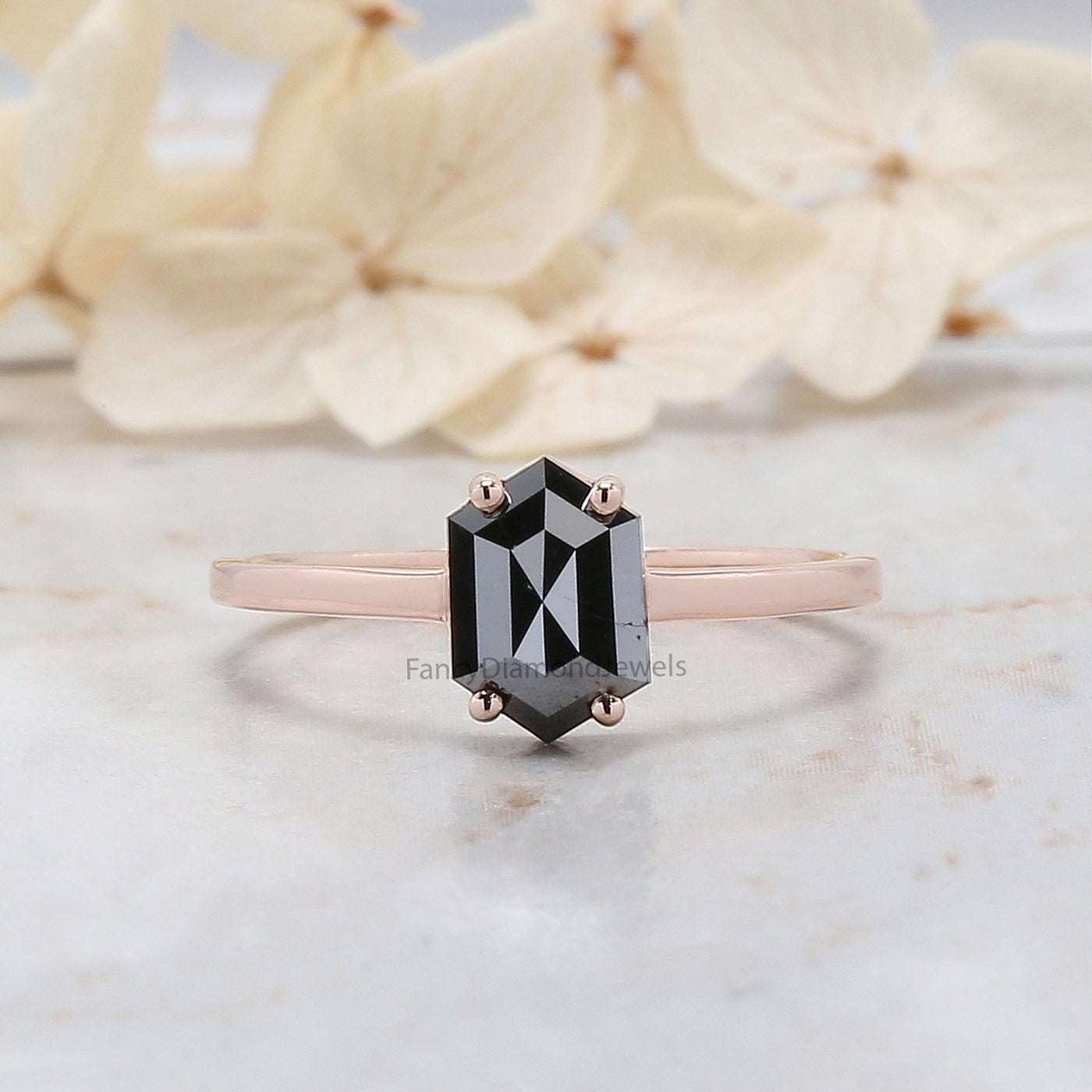 1.13 Ct Natural Hexagon Shape Black Color Diamond Ring 7.90 MM Hexagon Diamond Ring 14K Solid Rose Gold Silver Engagement Ring QL9082
