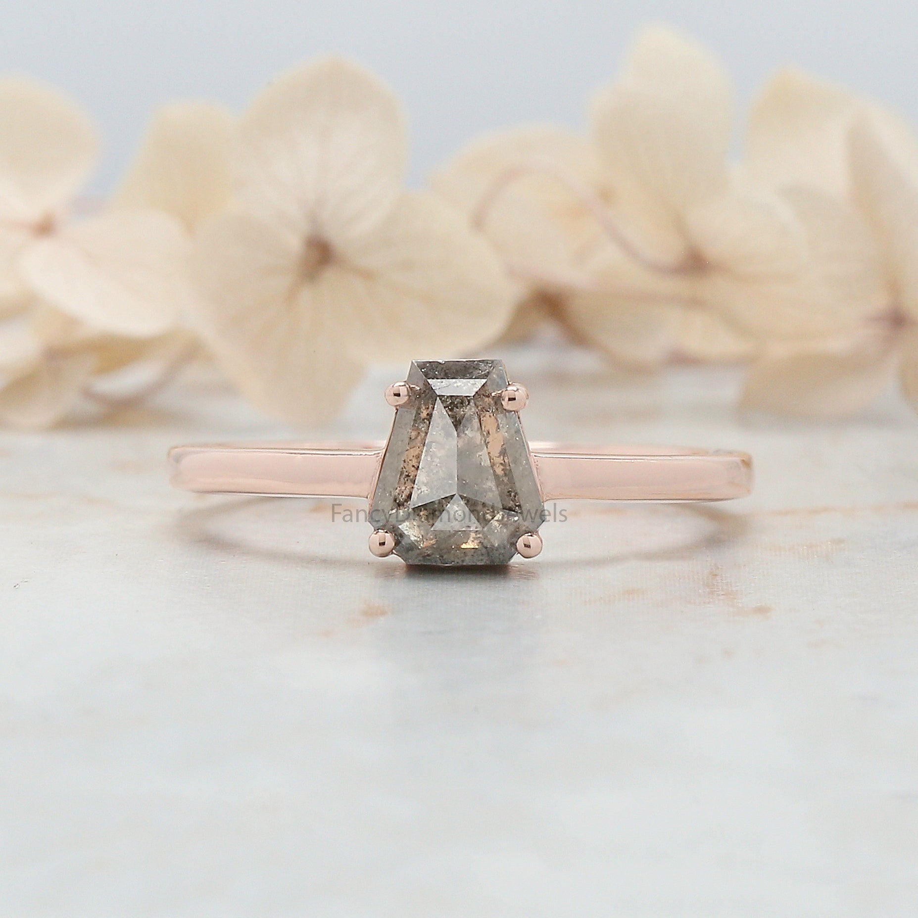 Coffin Cut Salt And Pepper Diamond Ring 0.97 Ct 6.70 MM Coffin Diamond Ring 14K Solid Rose Gold Silver Engagement Ring Gift For Her QN1553