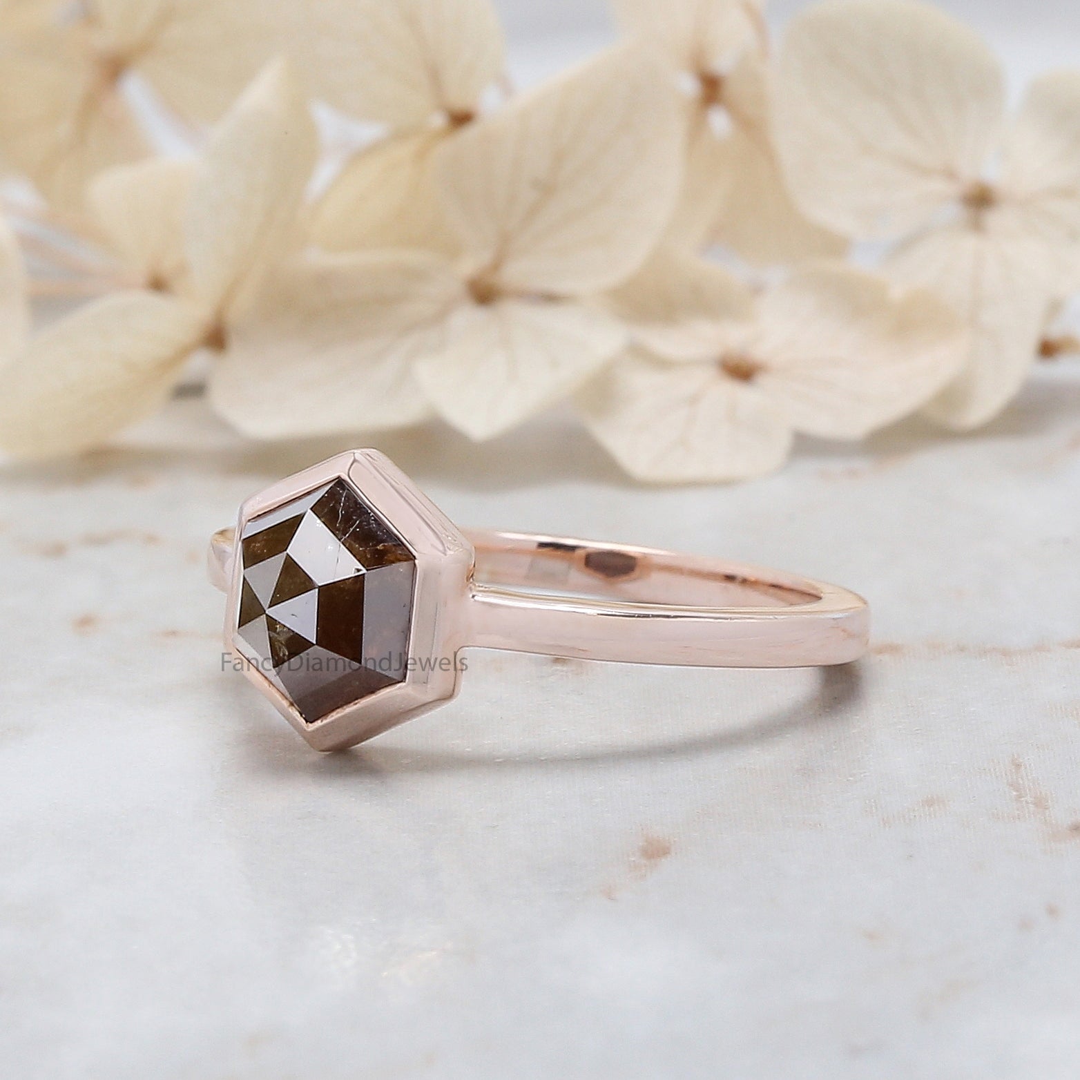 Hexagon Cut Brown Color Diamond Ring 2.26 Ct 6.90 MM Hexagon Shape Diamond Ring 14K Rose Gold Silver Engagement Ring Gift For Her QN9237