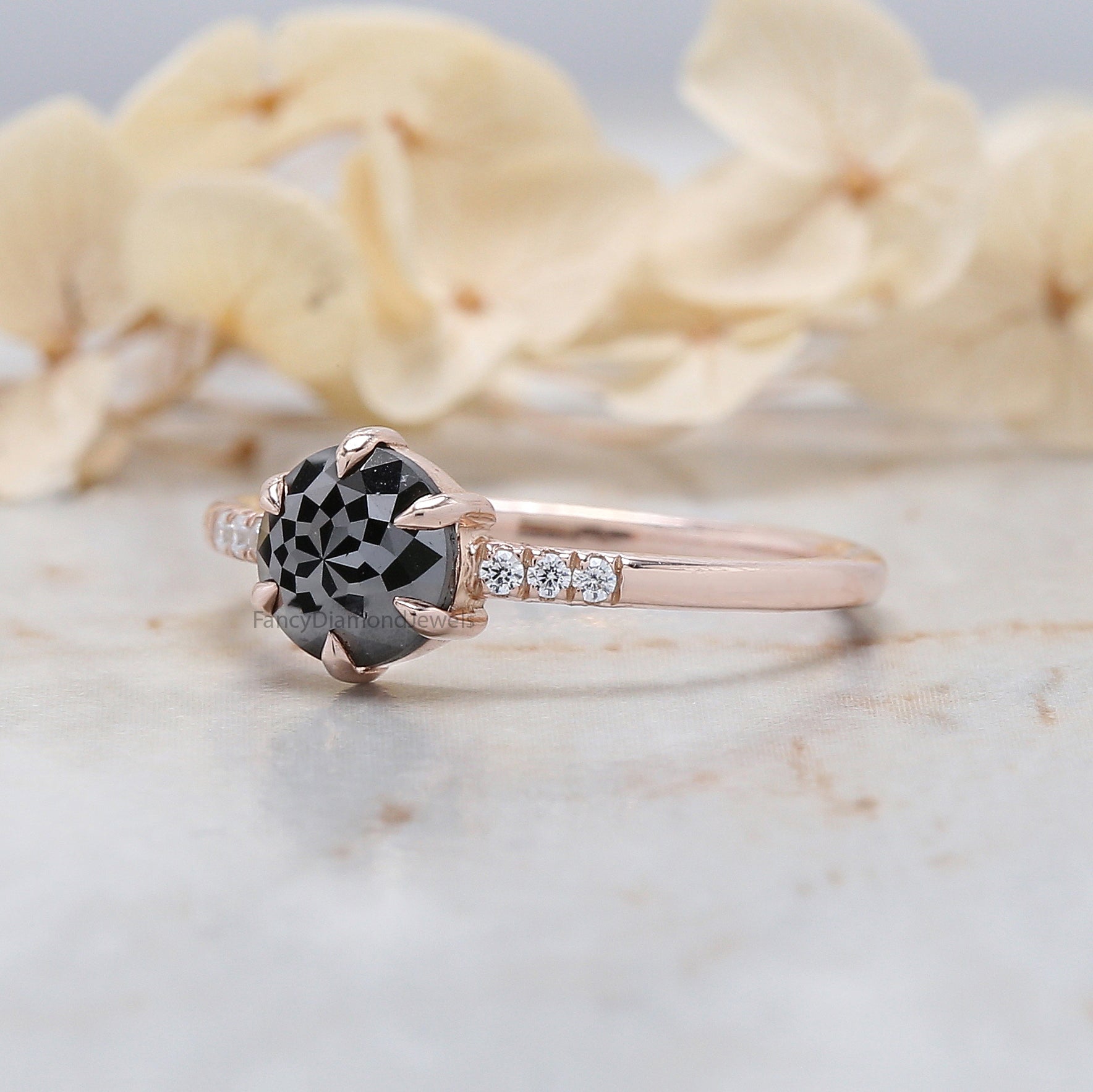 Round Rose Cut Black Color Diamond Ring 0.74 Ct 6.13 MM Round Shape Diamond Ring 14K Rose Gold Silver Engagement Ring Gift For Her QN2508