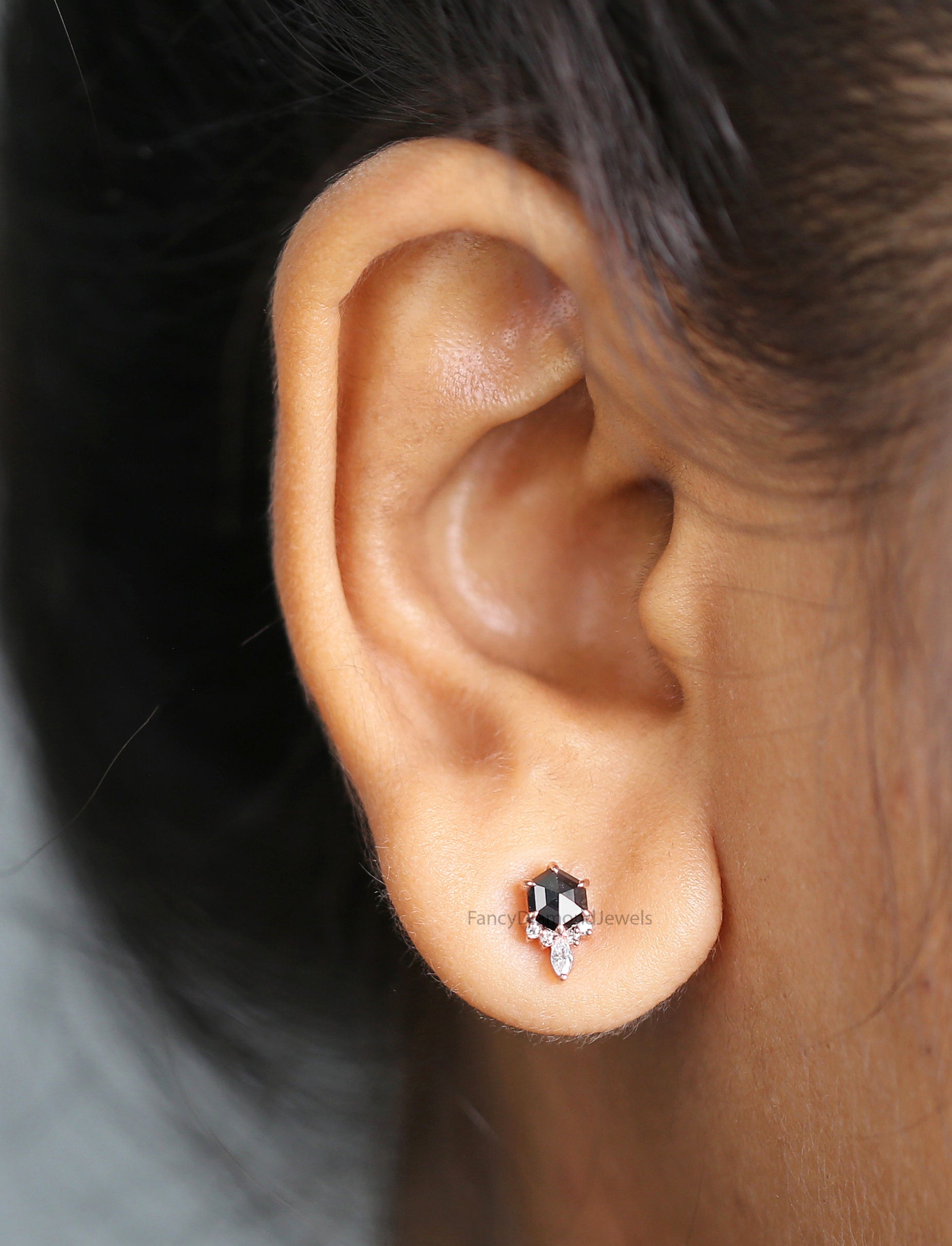Hexagon Cut Black Color Diamond Earring 0.58 Ct 5.03 MM Hexagon Shape Diamond Earring 14K Solid Rose Gold Silver Engagement Earring QK2629