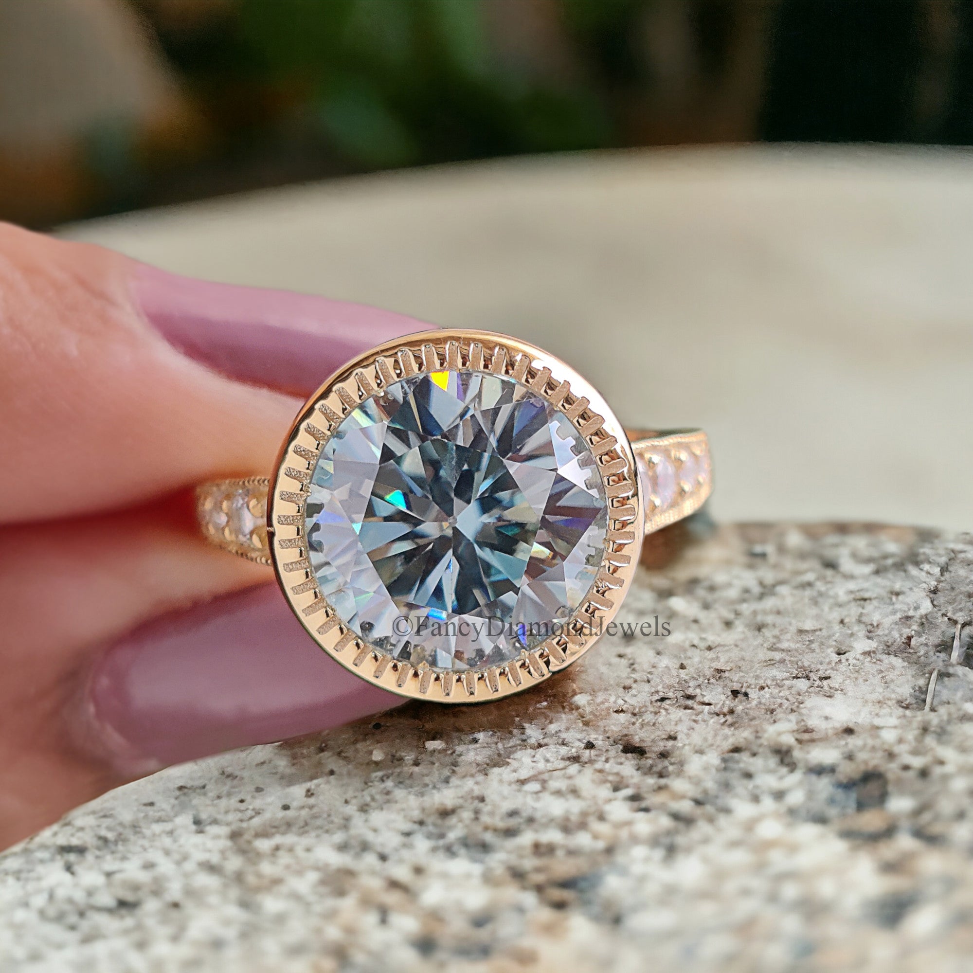 Round Cut Aqua Blue Moissanite Engagement Wedding Ring 14K Solid Gold Anniversary Ring Proposal Bezel Ring Authentic Moissanite Ring FD177