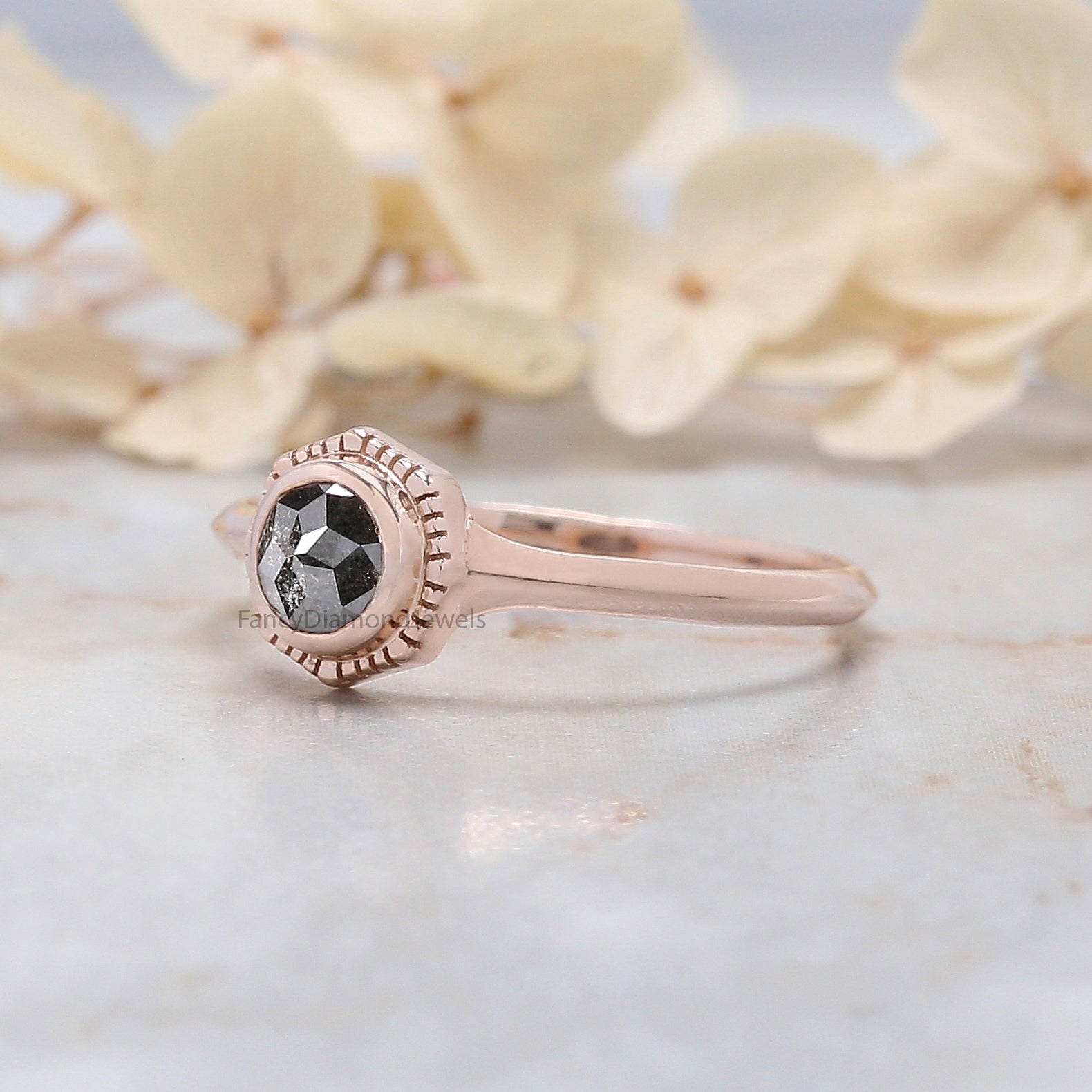 Round Rose Cut Salt And Pepper Diamond Ring, Salt And Pepper Rose Cut Diamond Engagement Ring, Rose Diamond Ring, Round Shape Ring KD1217
