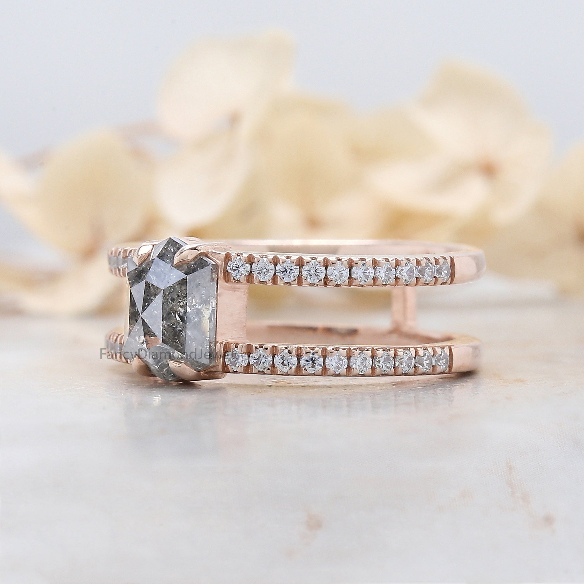 Hexagon Cut Salt And Pepper Diamond Ring 1.30 Ct 7.53 MM Hexagon Cut Diamond Ring 14K Rose Gold Silver Engagement Ring Gift For Her QL2058