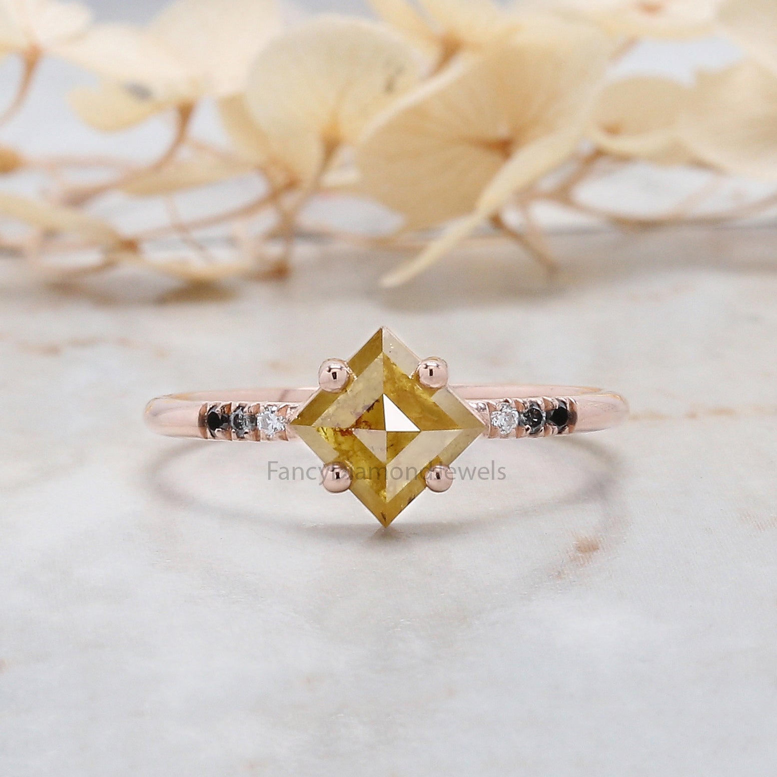 0.93 Ct Natural Kite Shape Yellow Color Diamond Ring 7.55 MM Kite Yellow Diamond Ring 14K Solid Rose Gold Silver Engagement Ring Set QN635