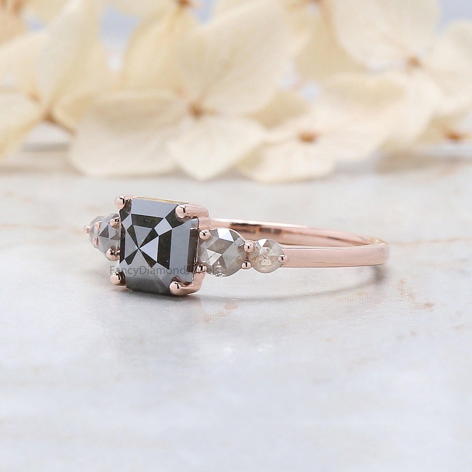 Emerald Cut Salt And Pepper Diamond Ring 1.06 Ct 5.85 MM Emerald Diamond Ring 14K Solid Rose Gold Silver Engagement Ring Gift For Her QN9247