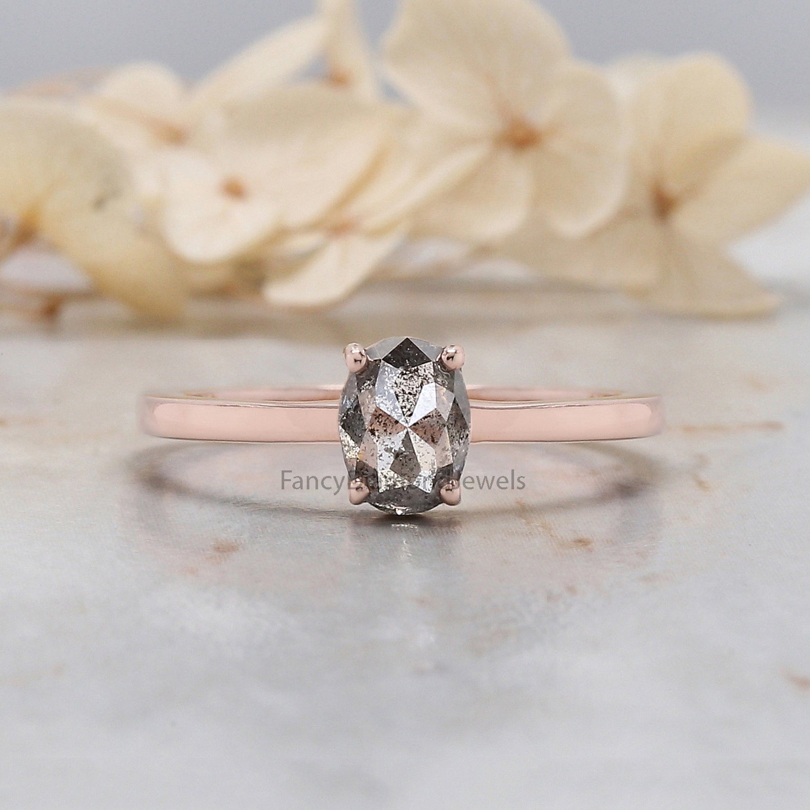 Oval Cut Salt And Pepper Diamond Ring 0.56 Ct 6.50 MM Oval Diamond Ring 14K Solid Rose Gold Silver Oval Engagement Ring Gift For Her QL074