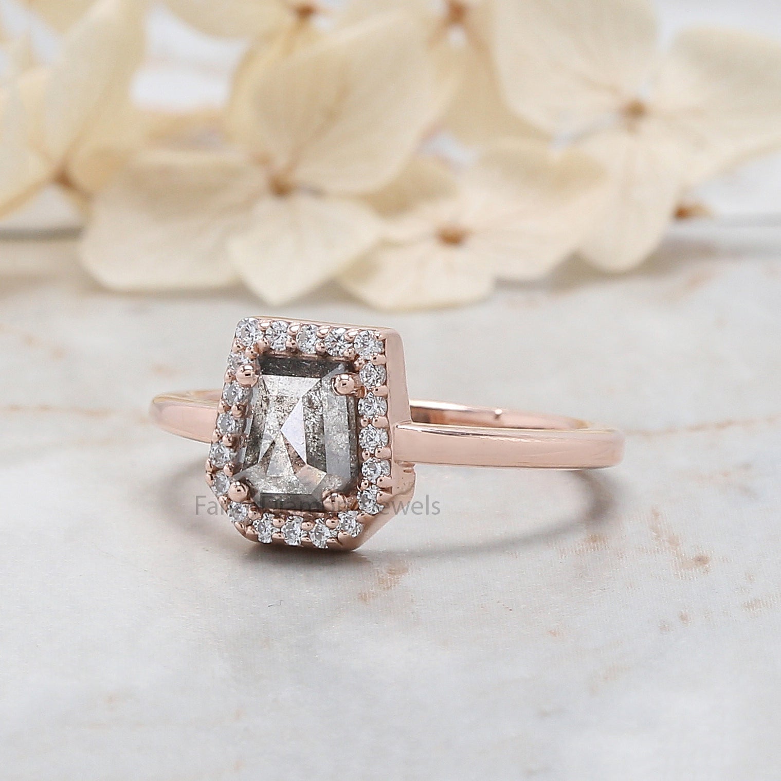 Coffin Cut Salt And Pepper Diamond Ring 0.96 Ct 6.25 MM Coffin Diamond Ring 14K Solid Rose Gold Silver Engagement Ring Gift For Her QN1097