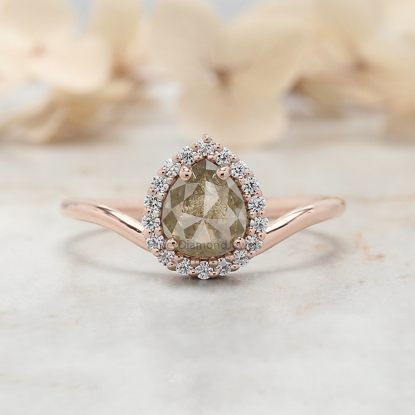 Pear Grey Color Diamond Ring 1.09 Ct 6.50 MM Pear Yellow Diamond Ring 14K Solid Rose Gold Silver Pear Engagement Ring Gift For Her QN7232