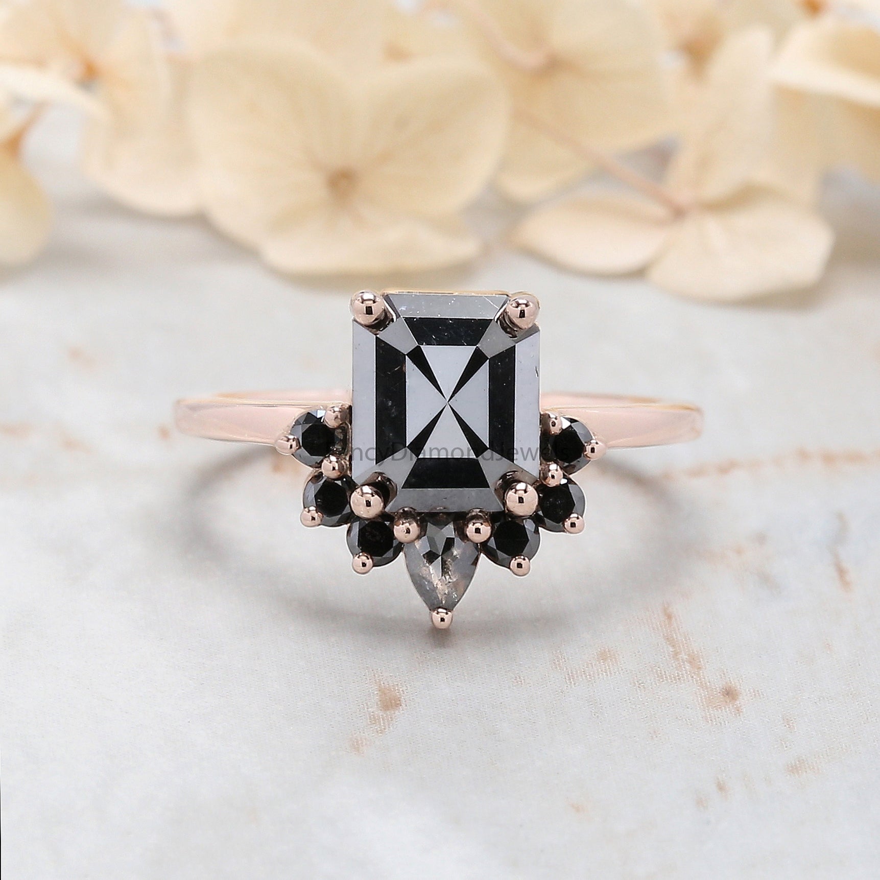 Emerald Cut Black Color Diamond Ring 2.12 Ct 7.95 MM Emerald Diamond Ring 14K Solid Rose Gold Silver Engagement Ring Gift For Her QN628