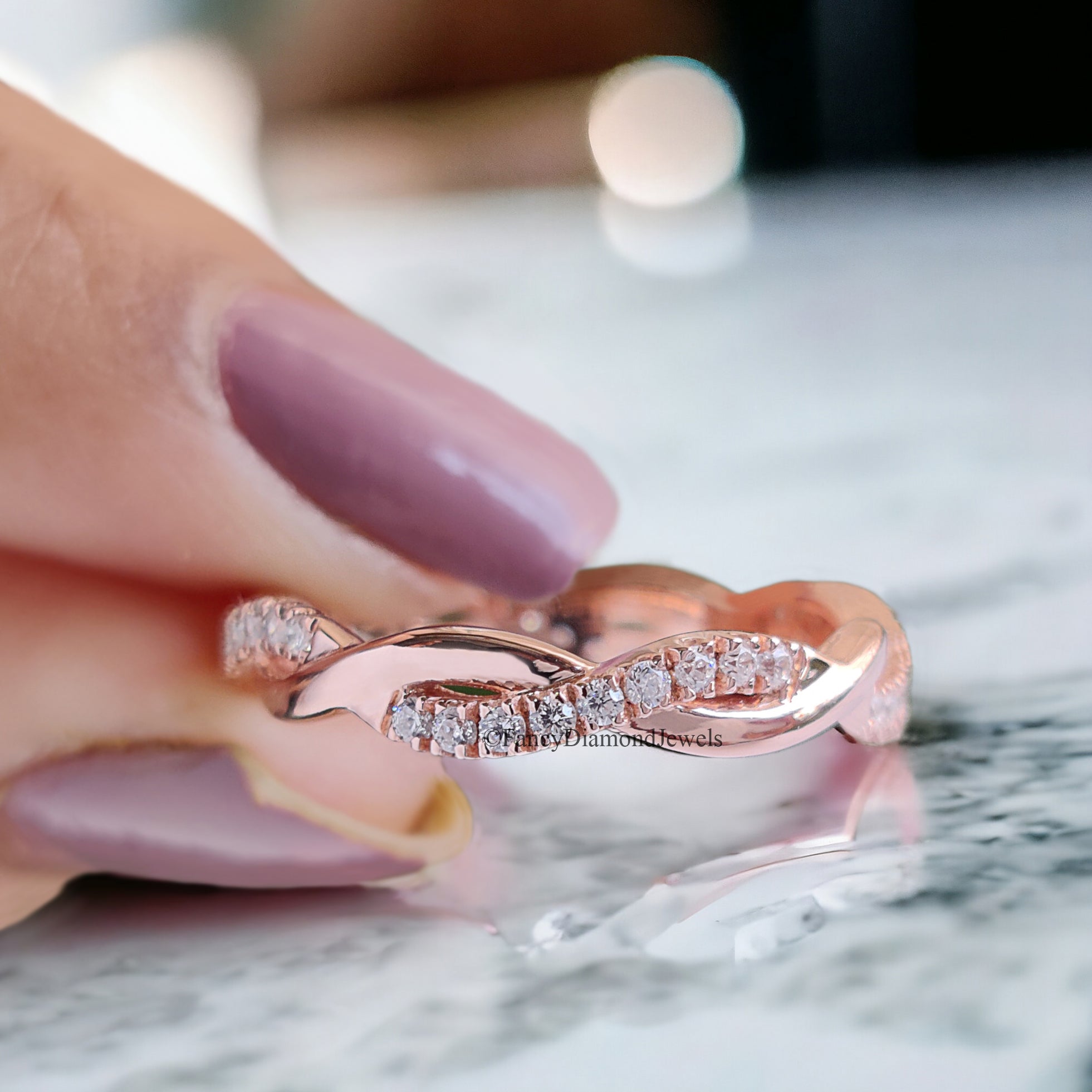 Unique Twisted Shank Wedding Band Rose Gold Matching Delicate Dainty Ring Stacking Full Eternity Bridal Wedding band Infinity band FD62