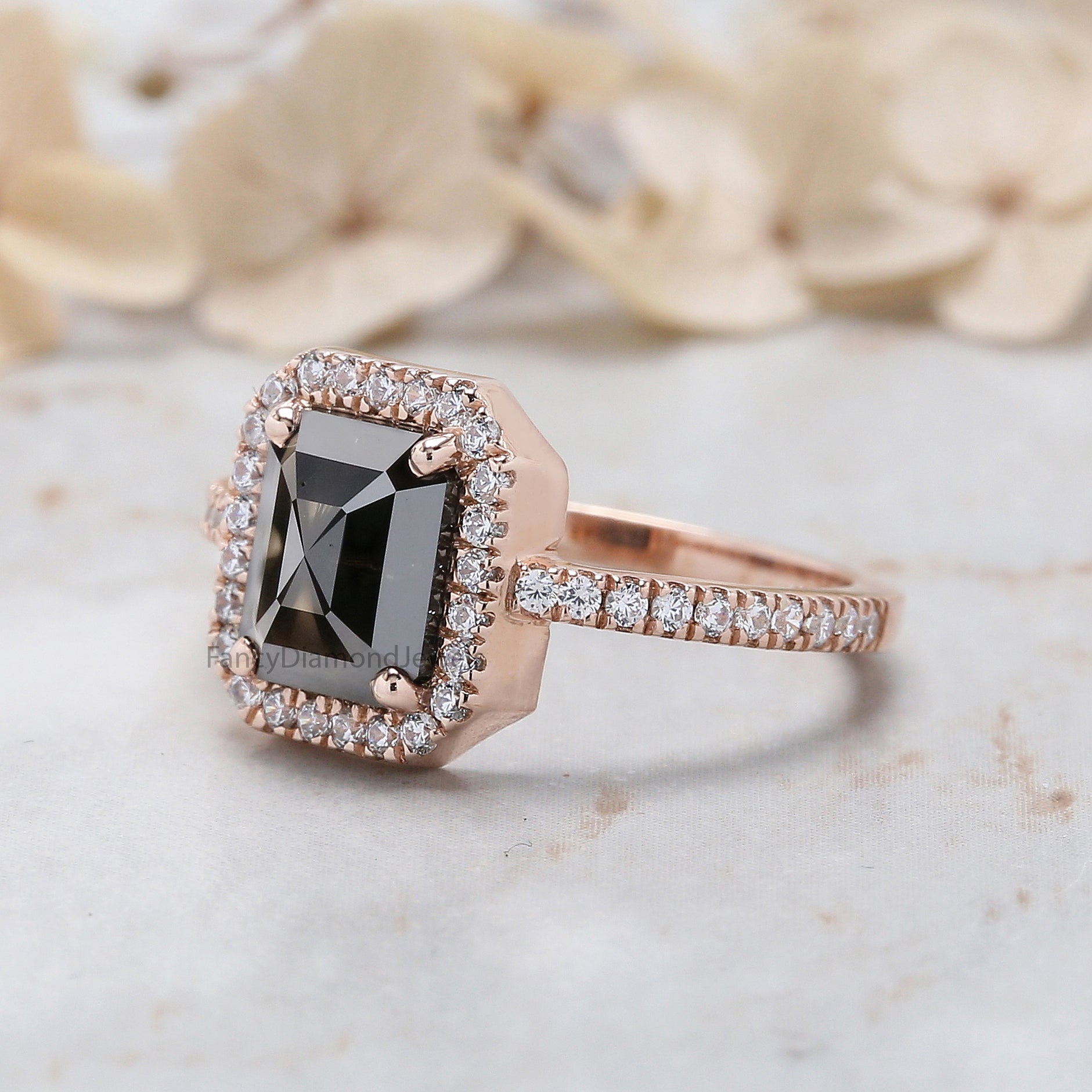 Emerald Cut Black Color Diamond Ring 1.63 Ct 7.80 MM Emerald Diamond Ring 14K Solid Rose Gold Silver Engagement Ring Gift For Her QL8372
